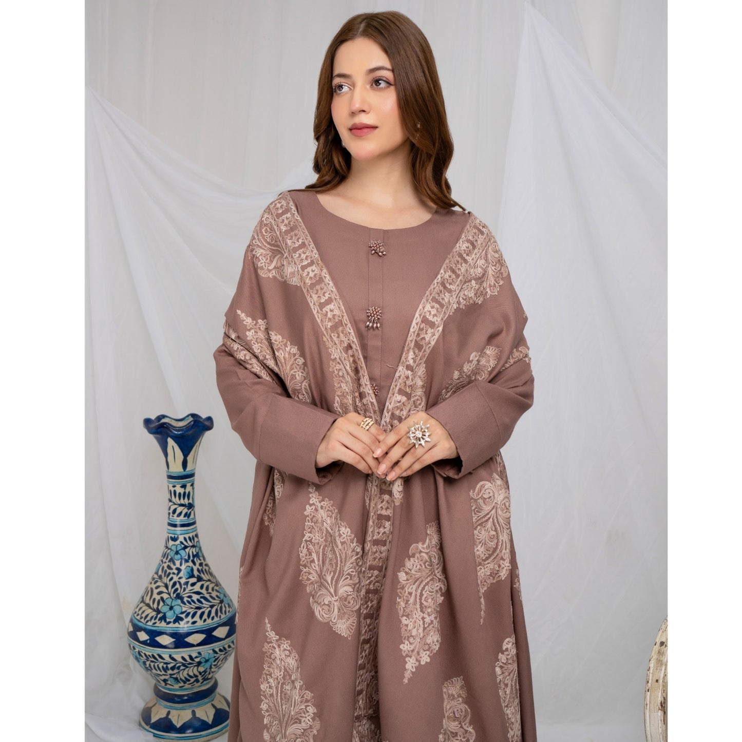 (dark chestnut ) 3 Pc Dhanak Shirt & trouser with Dhanak Shawl | Winter Collection | SIMRANS