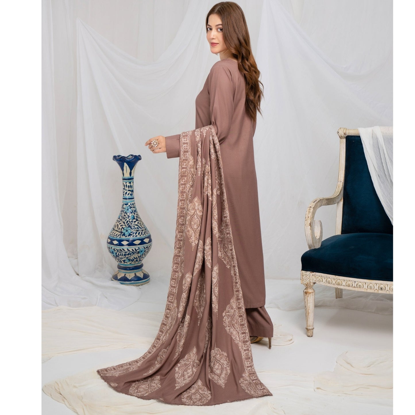 (dark chestnut ) 3 Pc Dhanak Shirt & trouser with Dhanak Shawl | Winter Collection | SIMRANS