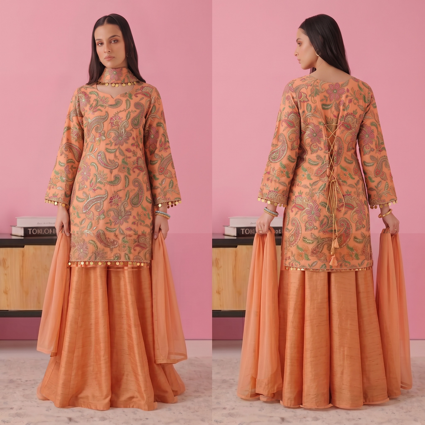 UA-244 Trendy Indian Armani Silk 3 Piece Suit by Umnaa | Embroidered Kameez with Shamoos Silk Bengali Shararah & Chiffon Dupatta | Festive & Party Wear