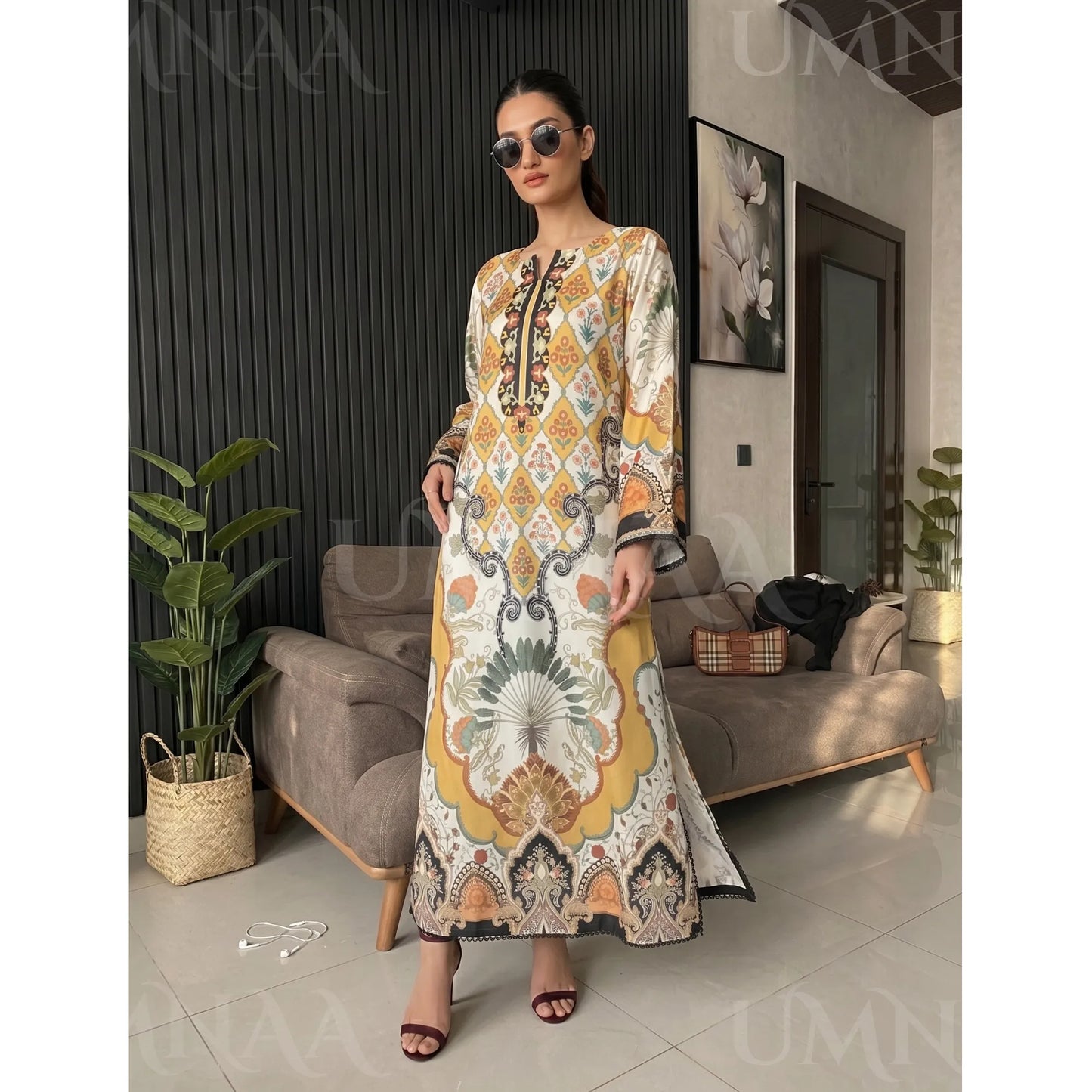 UA-284 Printed Shamooz Silk Printed Kaftan Style dress | Umnaa