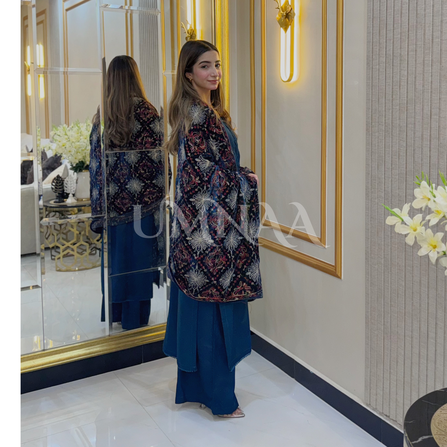 UA-32 Dhanak Dress Embroidered Velvet Shawl 3 Pc | Ready to wear | UMNAA