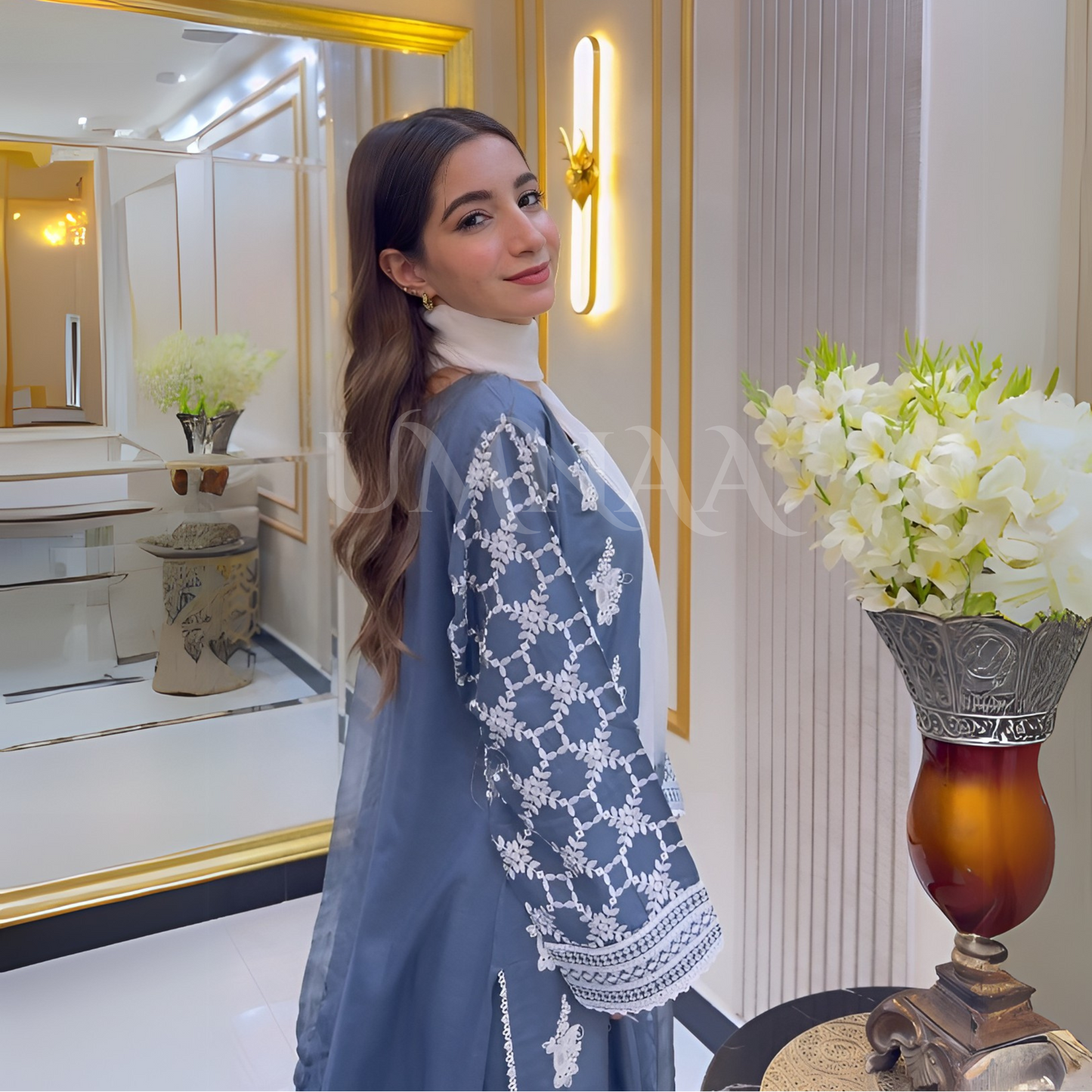 UA-57 3 Pc Luxury mother daughter Embroidered Linen Collection- Umnaa