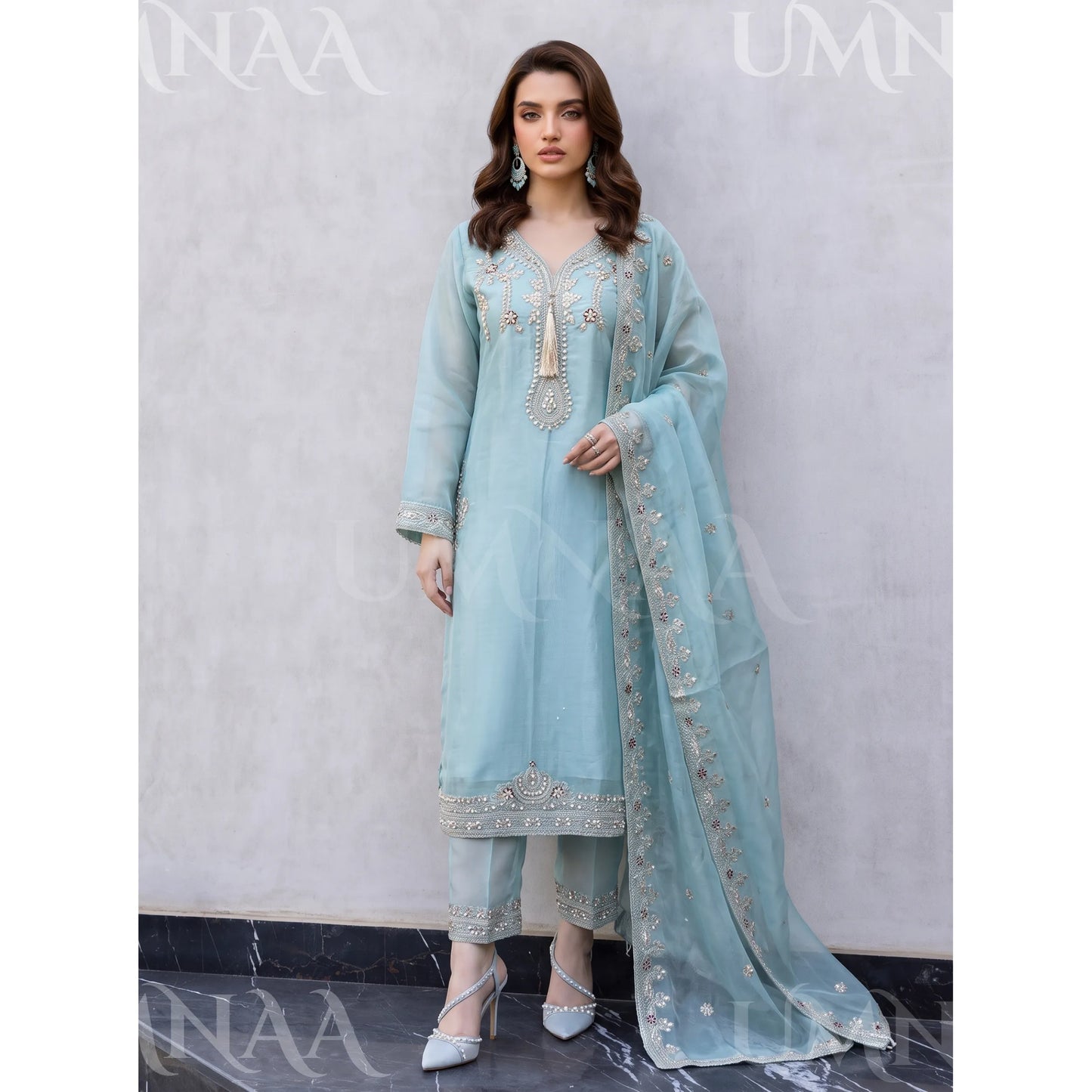 UA-289 Luxury Silk 3-Pc Suit | Embroidered Pakistani Formal Wear