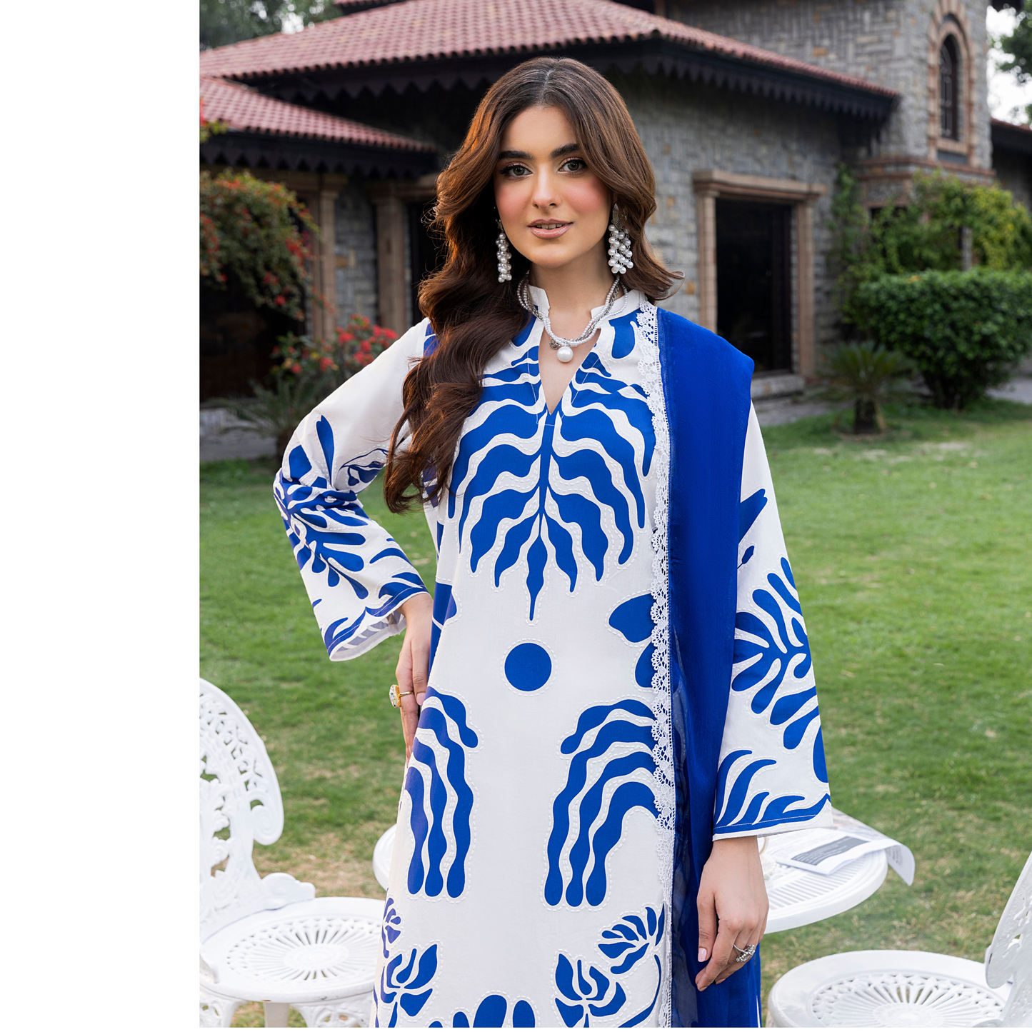 UHE-56 (Blue& White) trendy Farshi Shalwar Printed Cambric Cotton Embroidered Dress | Ready to Wear | Heera's