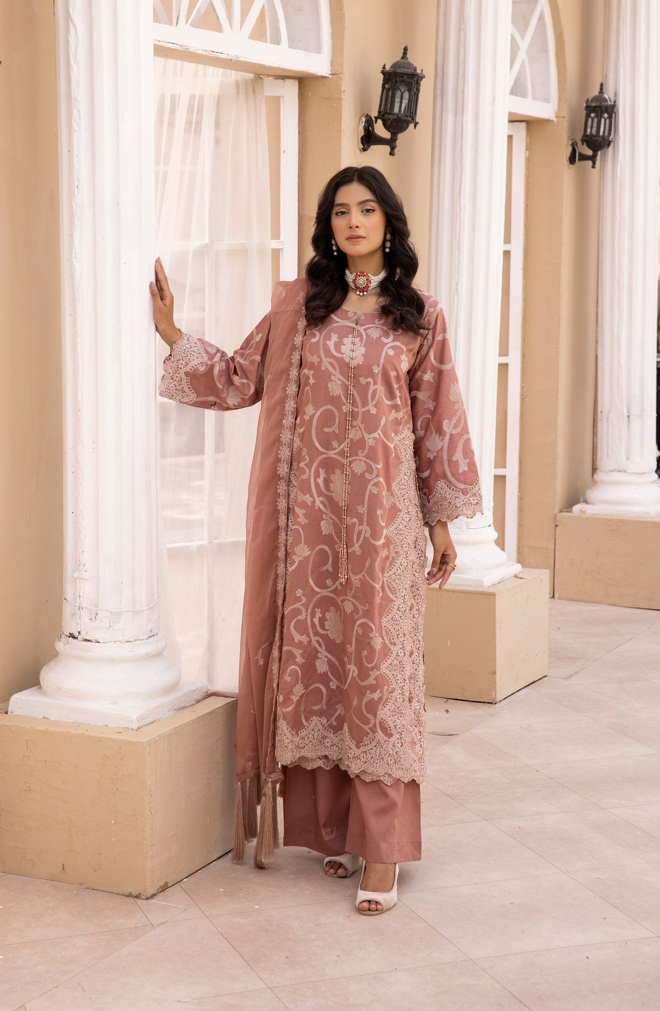 Pinkish Brown |Embroidered Cambric Cotton|3 Pc|Simrans