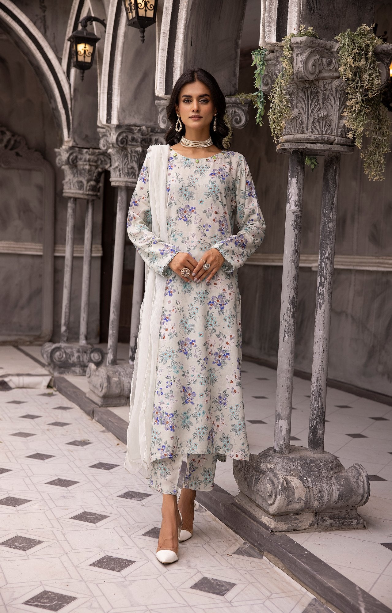 (Off White) 3 Piece Printed Lawn dress by Simran