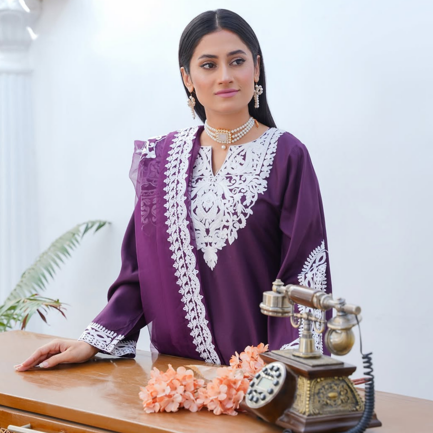 UA-61 Embroidered Viscose Linen 3 Pc Pakistani Dress | UMNAA