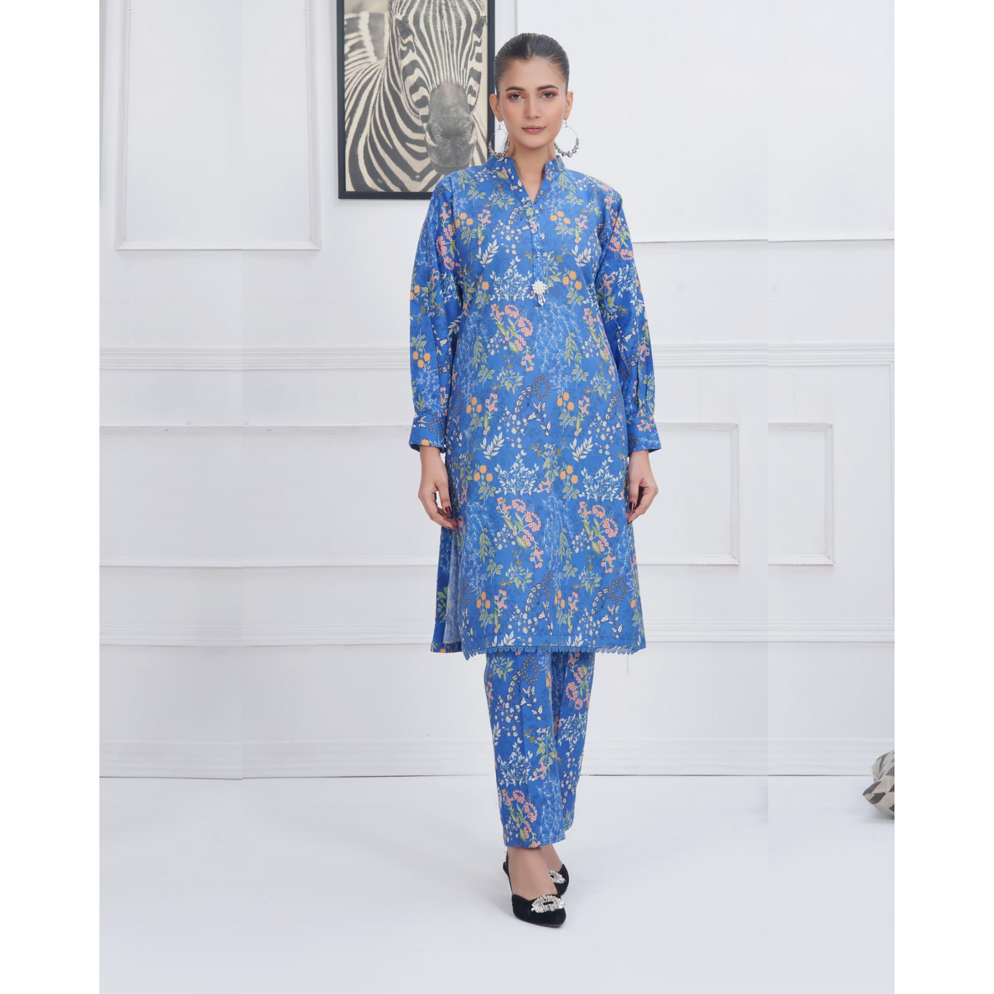 Blue 2 Pc floral Printed Khaddar Pakistani Co-Ords Set | Ready to wear| Hayats