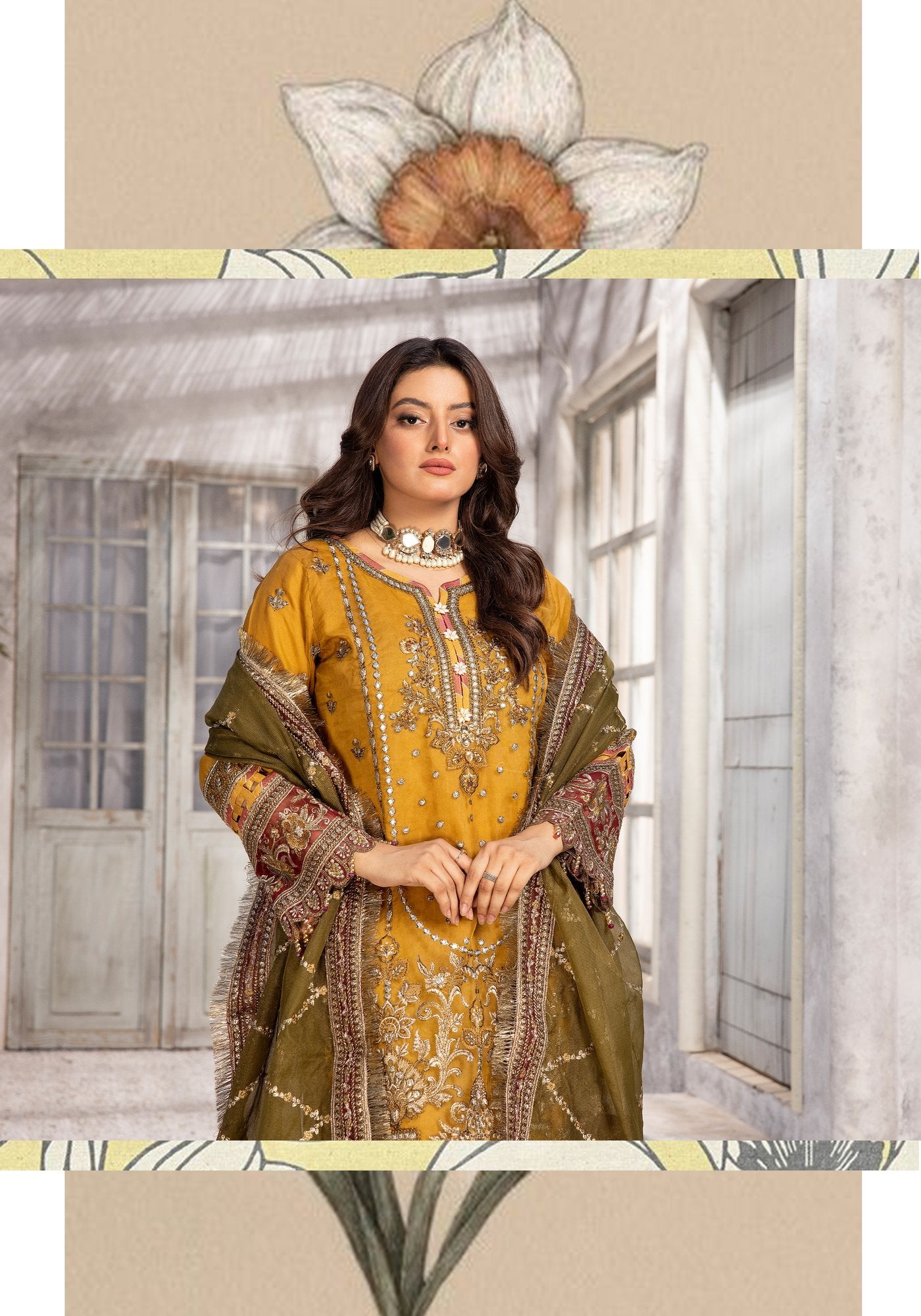 (Mustard) "Haseen e Bahar" Organza 3 Pc Collection by Simrans