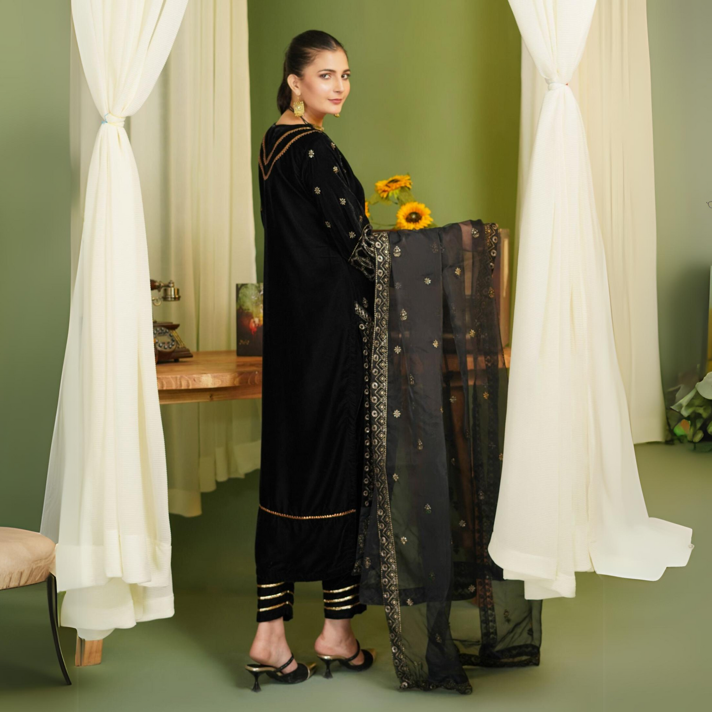 (Black) Luxury Velvet Ready to Wear Embroidered Collection by Simrans