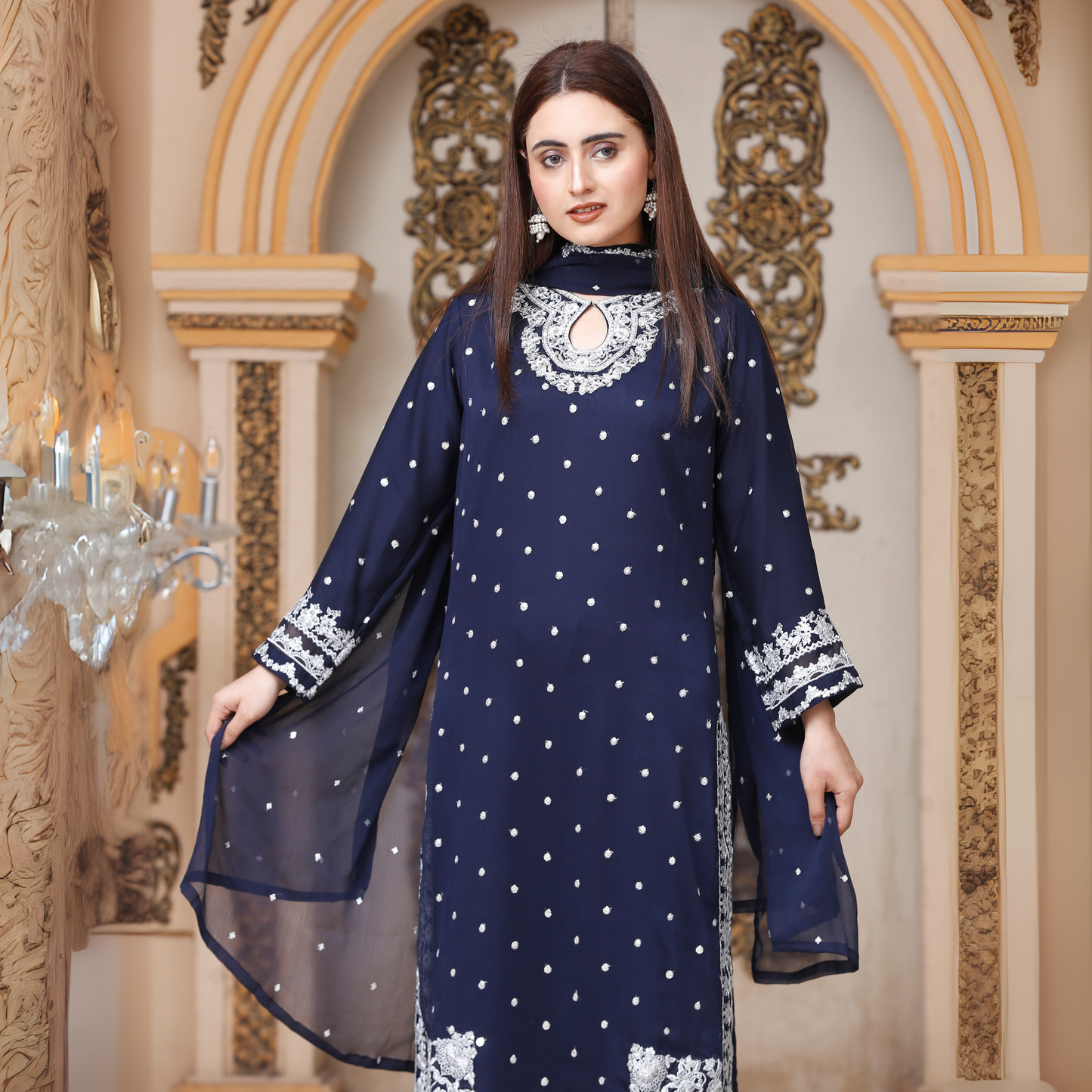 UA-54 3Pc Luxury Embroidered Chiffon Dress with Chiffon Dupatta 3 Pc |Ready to Wear| Umnaa