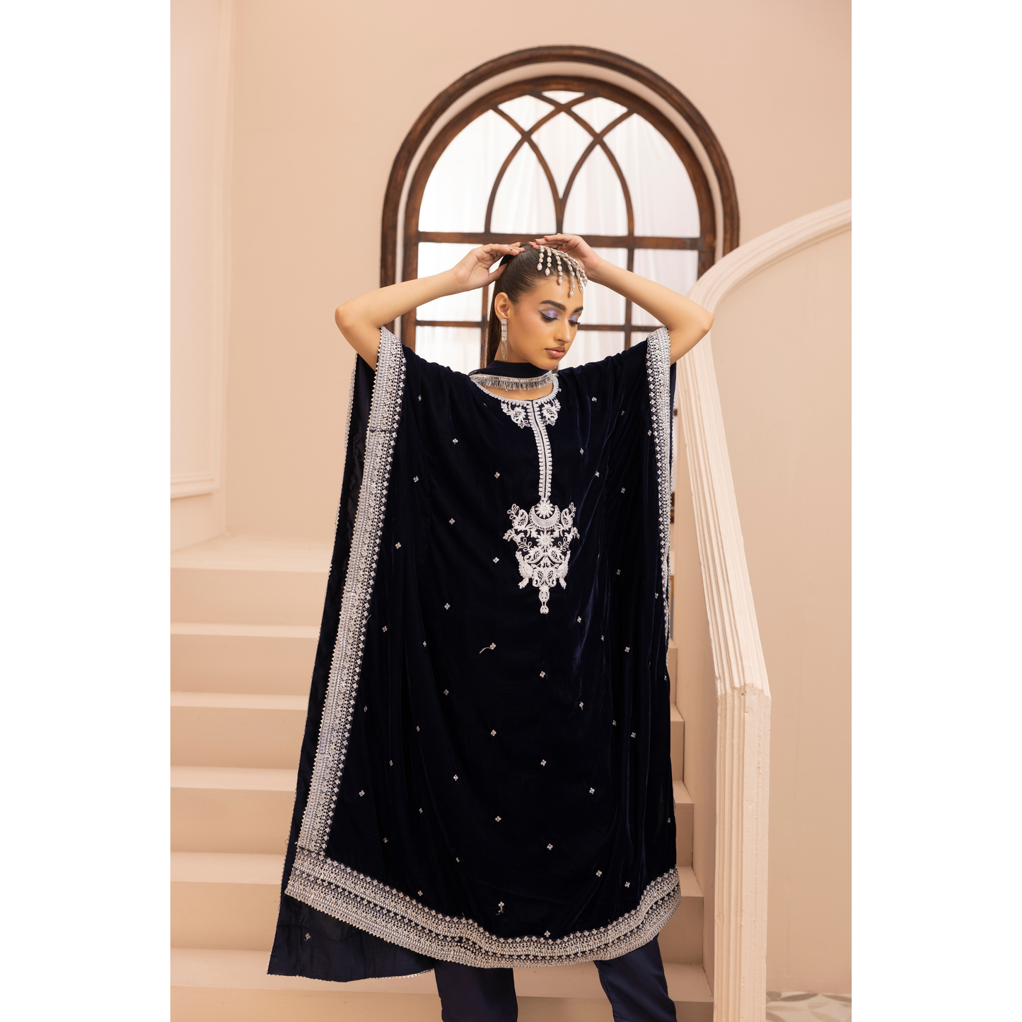 UMS-39 Zayna by Simrans Velvet Kaftan Embroidered 3 Pc Collection Asian Clothes | Modest Wear