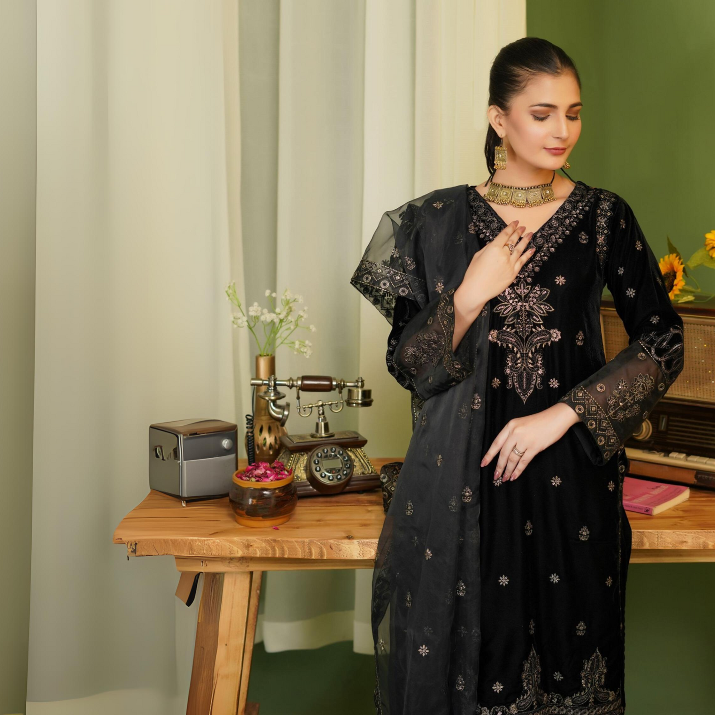 (Black) Luxury Velvet Ready to Wear Embroidered Collection by Simrans