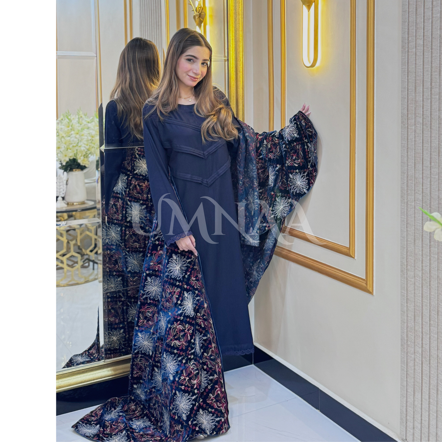 UA-32 Dhanak Dress Embroidered Velvet Shawl 3 Pc | Ready to wear | UMNAA
