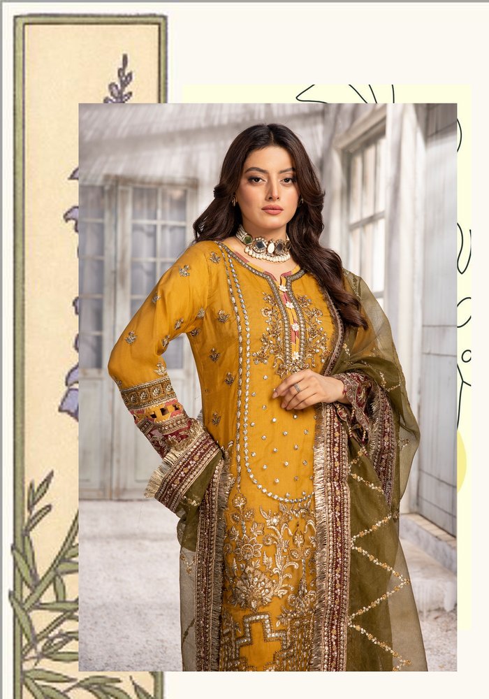 (Mustard) "Haseen e Bahar" Organza 3 Pc Collection by Simrans