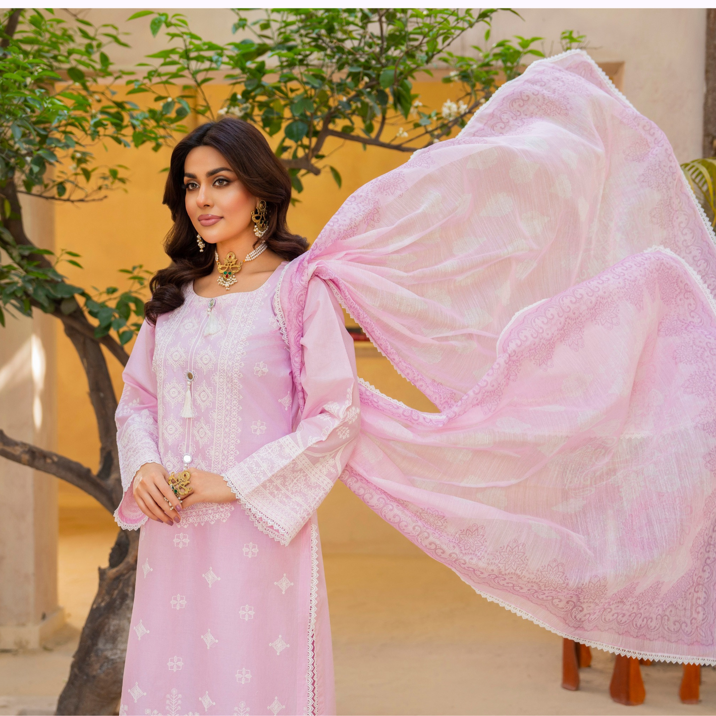 KC-1442 Embroidered Chikankari Cambric Cotton Dress Ready to Wear 3 Pc - Karma Collection