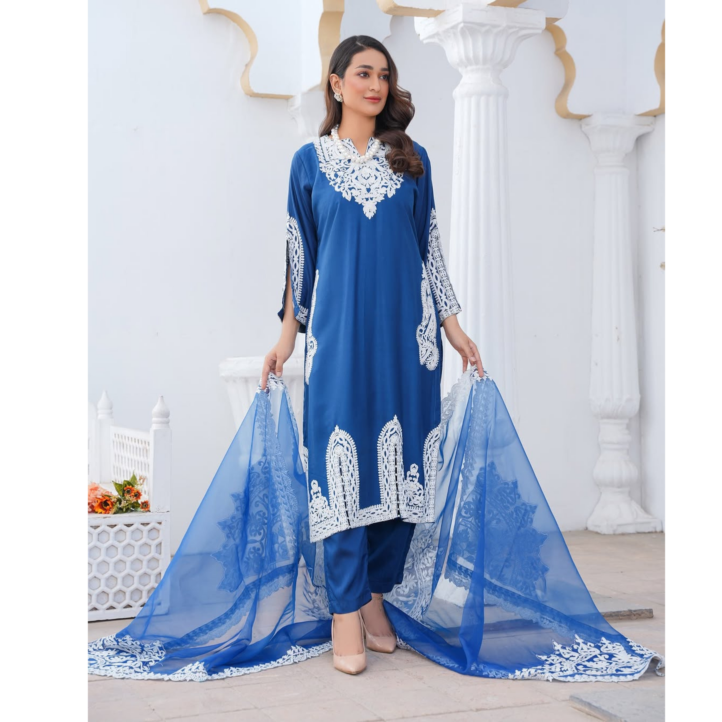 UA-61 Embroidered Viscose Linen 3 Pc Pakistani Dress | UMNAA