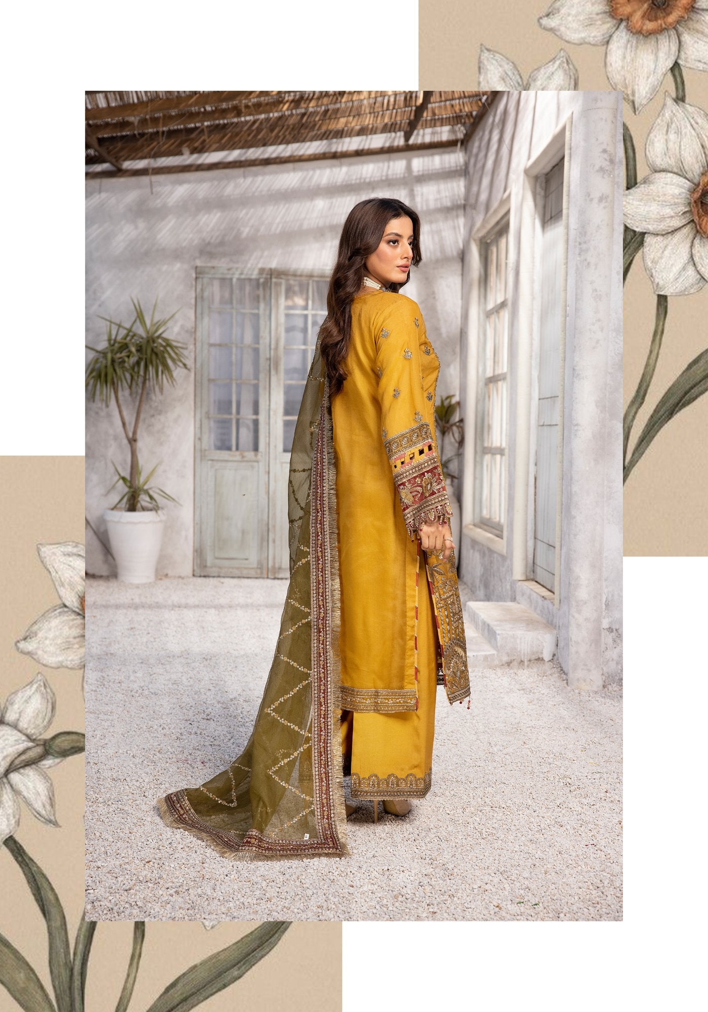 (Mustard) "Haseen e Bahar" Organza 3 Pc Collection by Simrans
