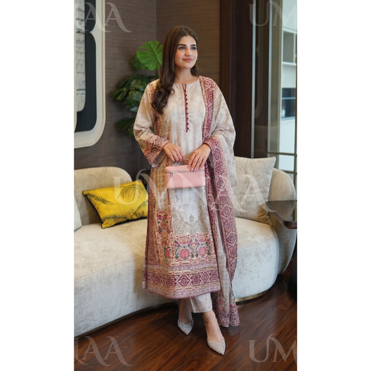 UA-229 Printed Lawn Long Kaftan Style 3 Piece Casual Summer Collection by Umnaa