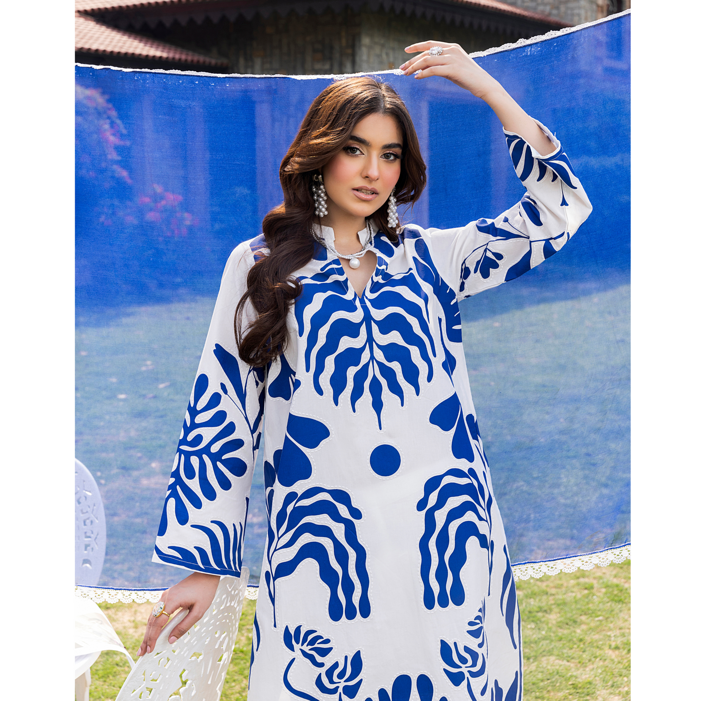 (Blue& White) trendy Farshi Shalwar Printed Cambric Cotton Embroidered Dress | Ready to Wear | Heera's