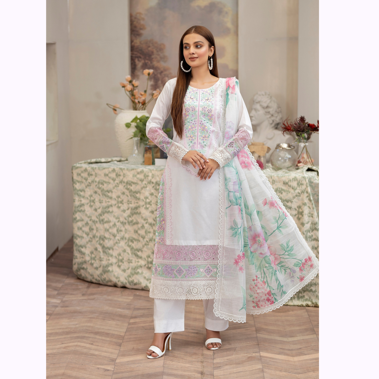 KC-1451 Embroidered Chikenkari Cotton Collection Ready to Wear 3 Pc - Karma Collection