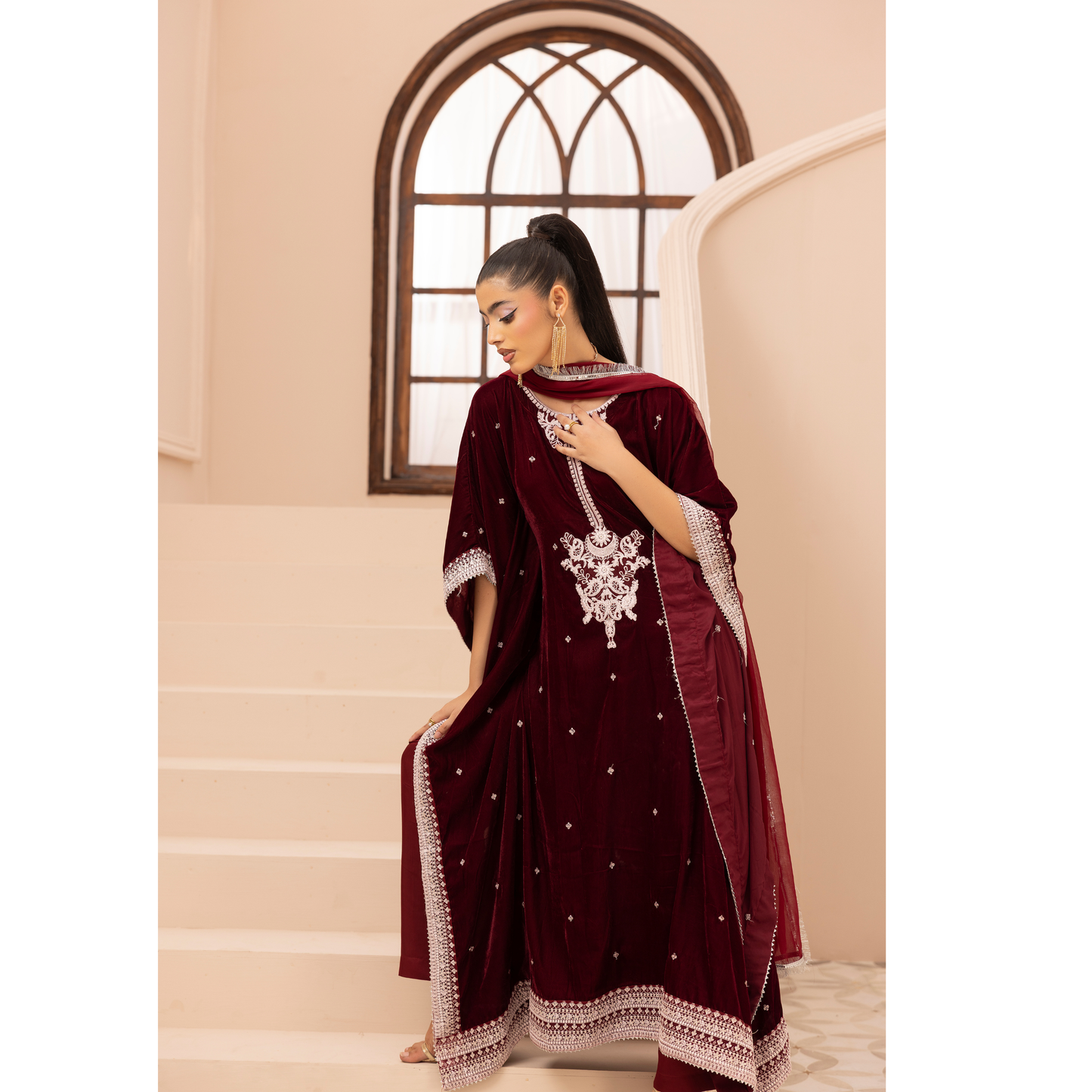 UMS-39 Zayna by Simrans Velvet Kaftan Embroidered 3 Pc Collection Asian Clothes | Modest Wear