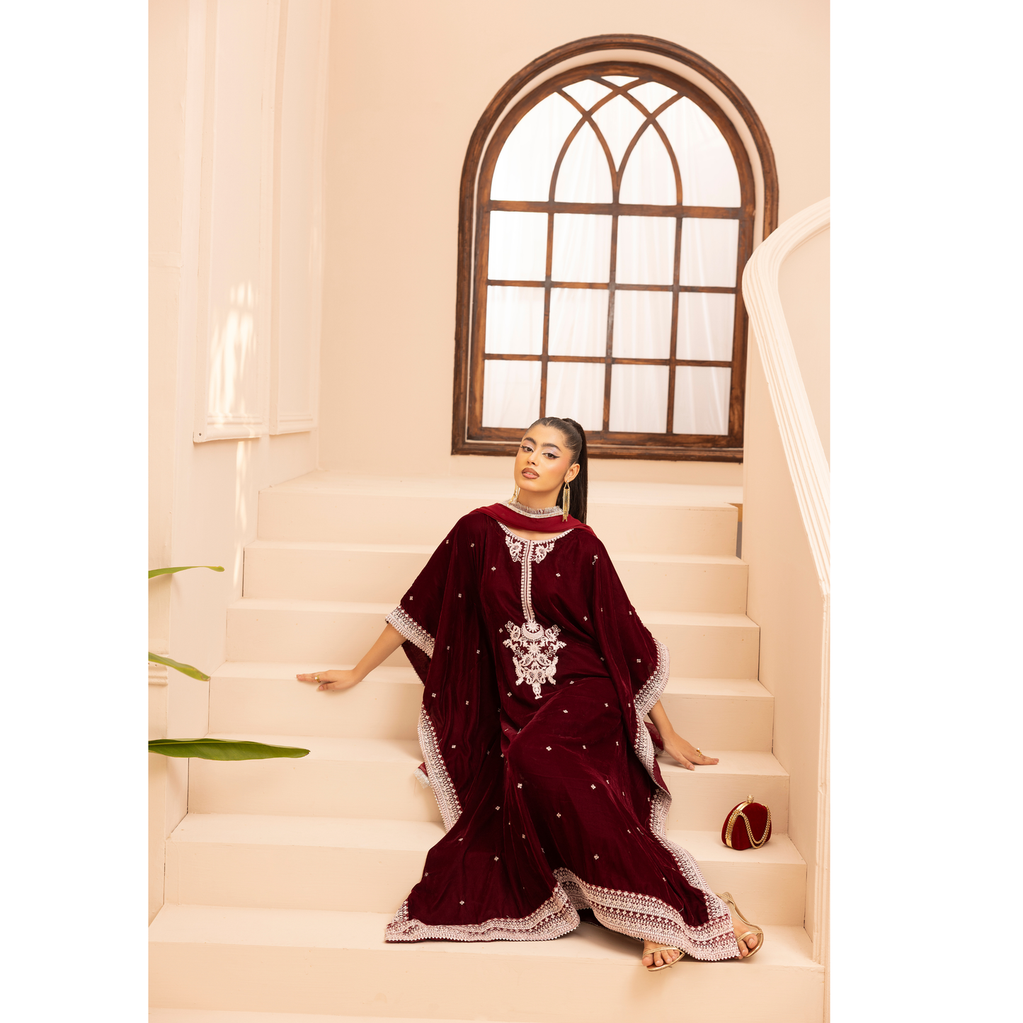 UMS-39 Zayna by Simrans Velvet Kaftan Embroidered 3 Pc Collection Asian Clothes | Modest Wear