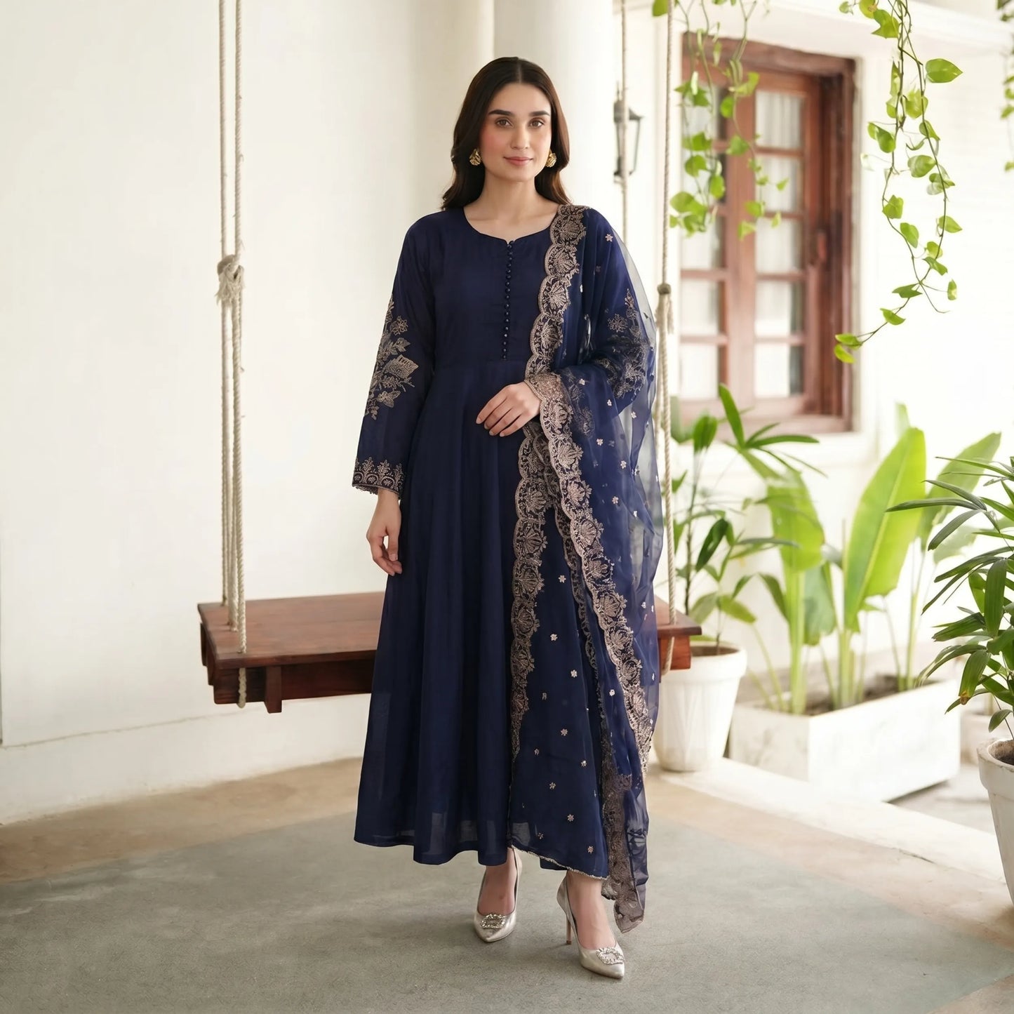 Embroidered Linen Long Frock Dress with Heavy Embroidered Chiffon Dupatta (UMNAA)