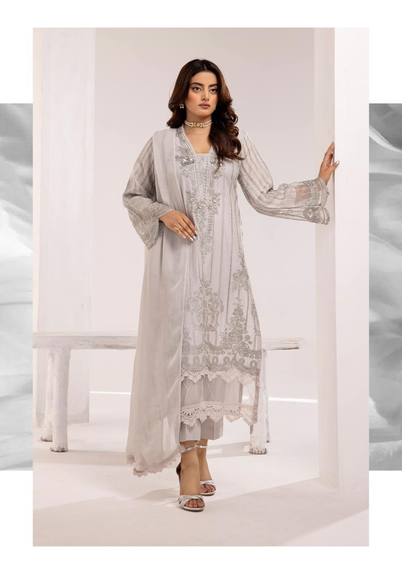 Pale Silver Embroidered Chikenkari Lawn 3 Pc Dress |SIMRANS