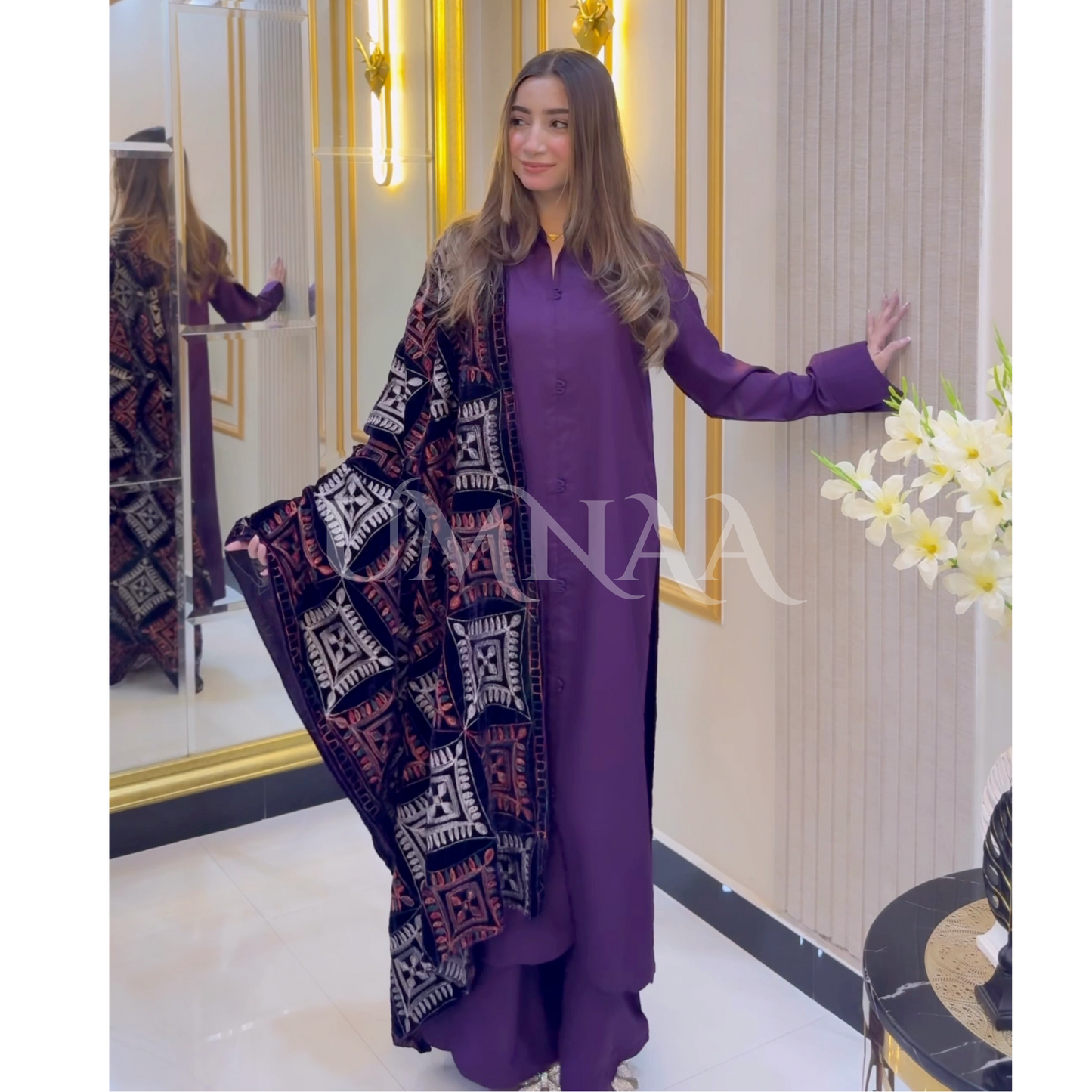 UA-32 Dhanak Dress Embroidered Velvet Shawl 3 Pc | Ready to wear | UMNAA