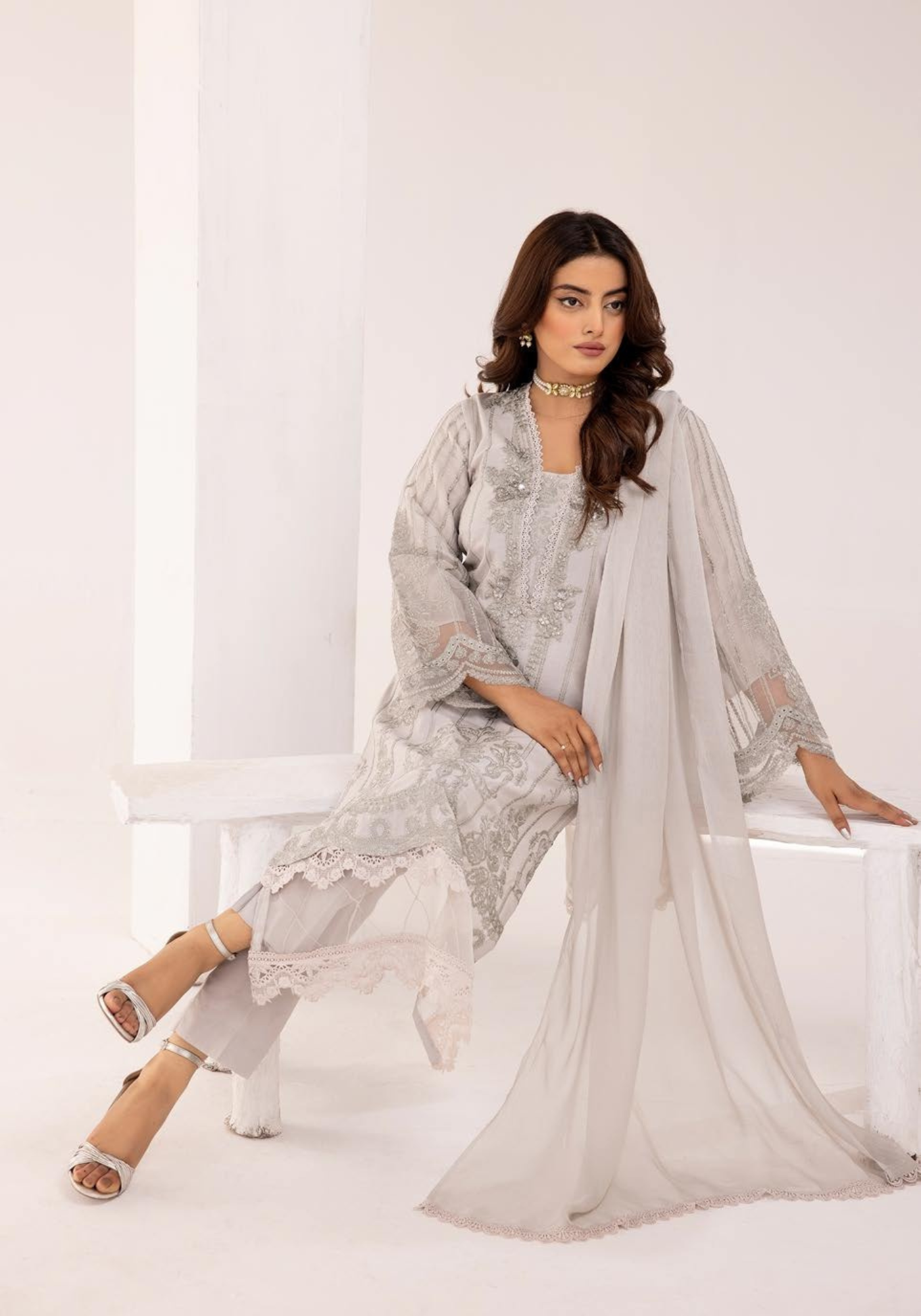 Pale Silver Embroidered Chikenkari Lawn 3 Pc Dress |SIMRANS