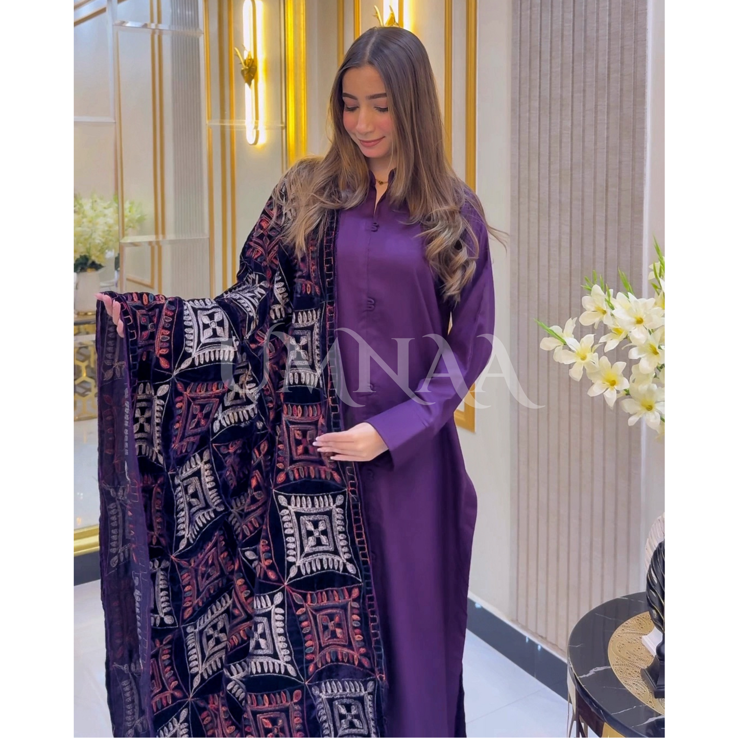 UA-32 Dhanak Dress Embroidered Velvet Shawl 3 Pc | Ready to wear | UMNAA