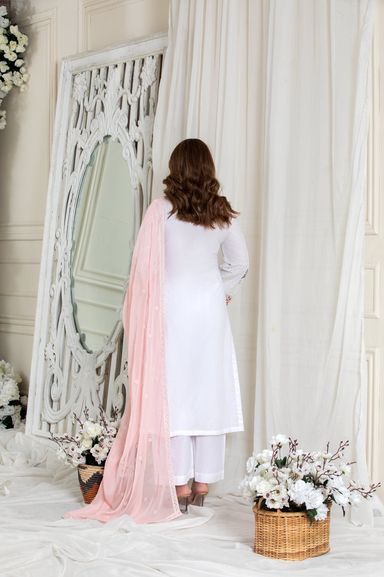 (White) 3 Pc Embroidered Cotton Collection-Heera's