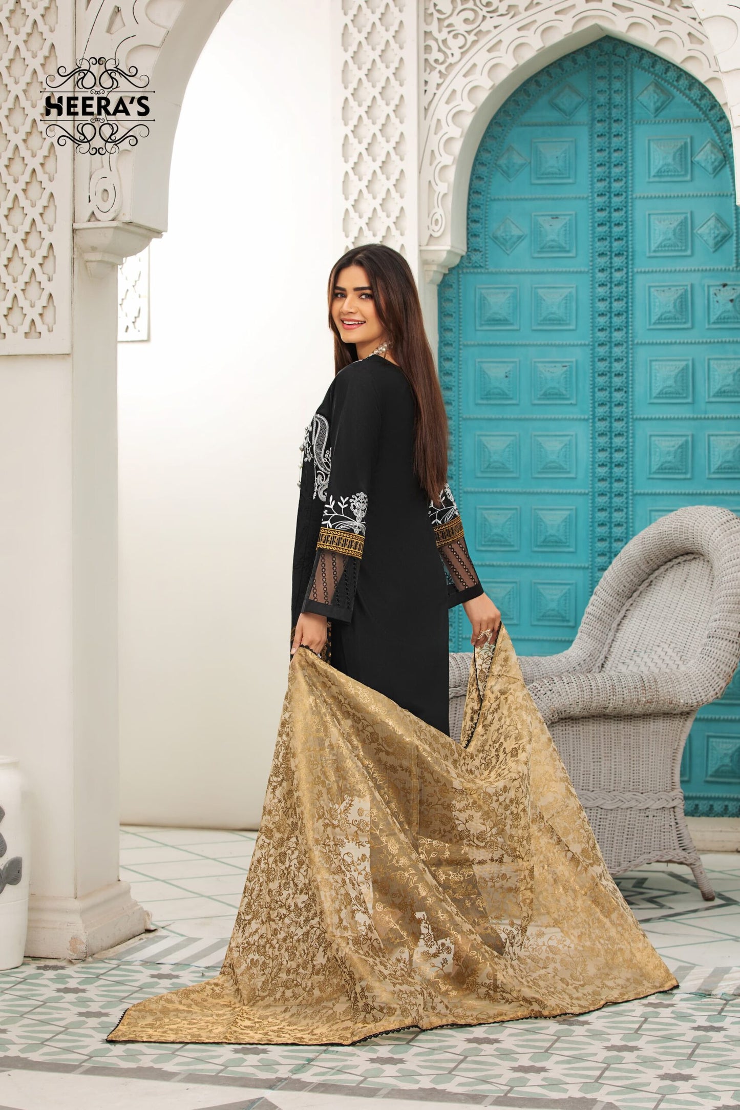 (MM. BLACK BY K.H) 3 Pc Embroidered Cambric Cotton Suit-Heera's