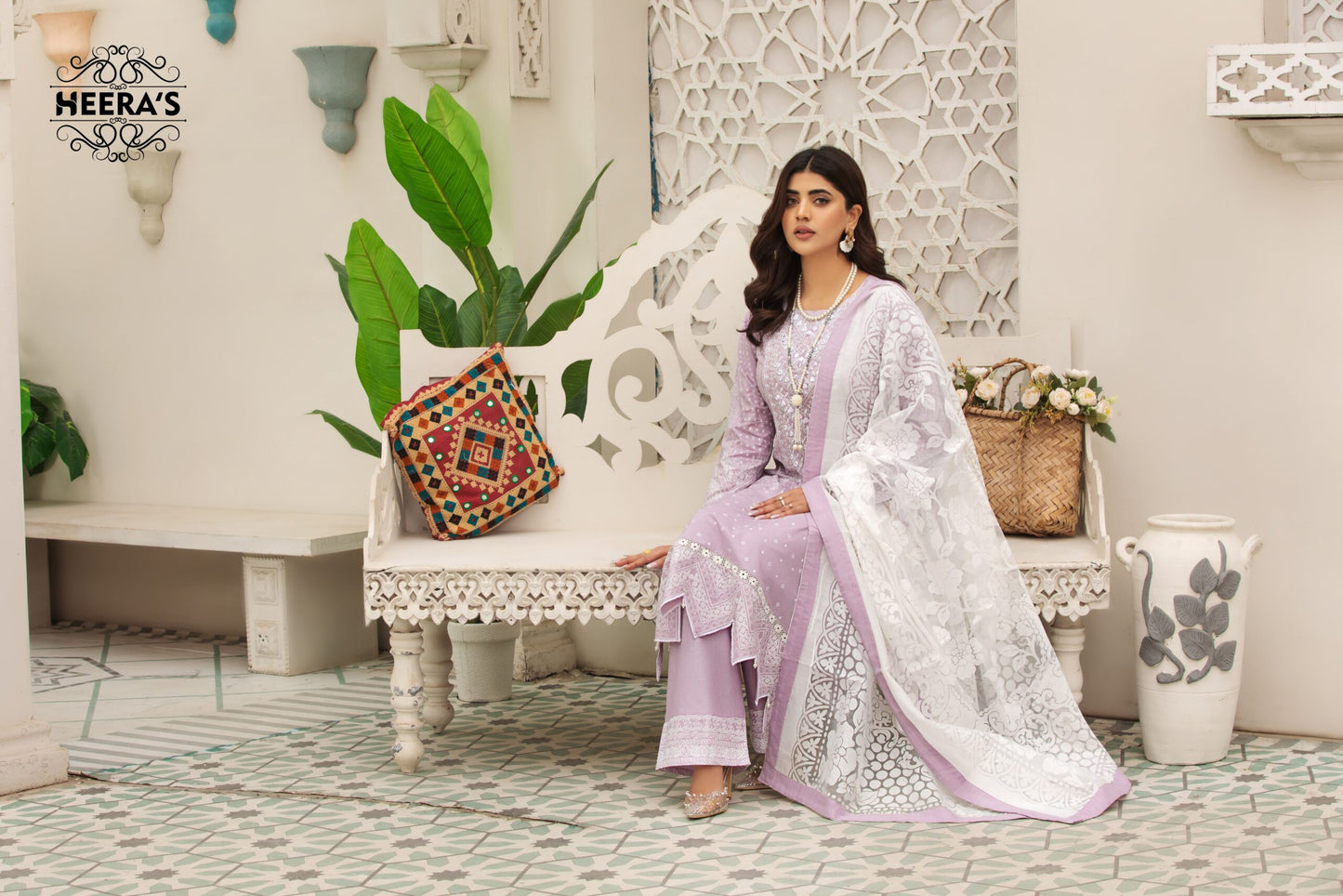 (LILAC Z.J) 3 Pc Embroidered Cambric Cotton Suit-Heera's