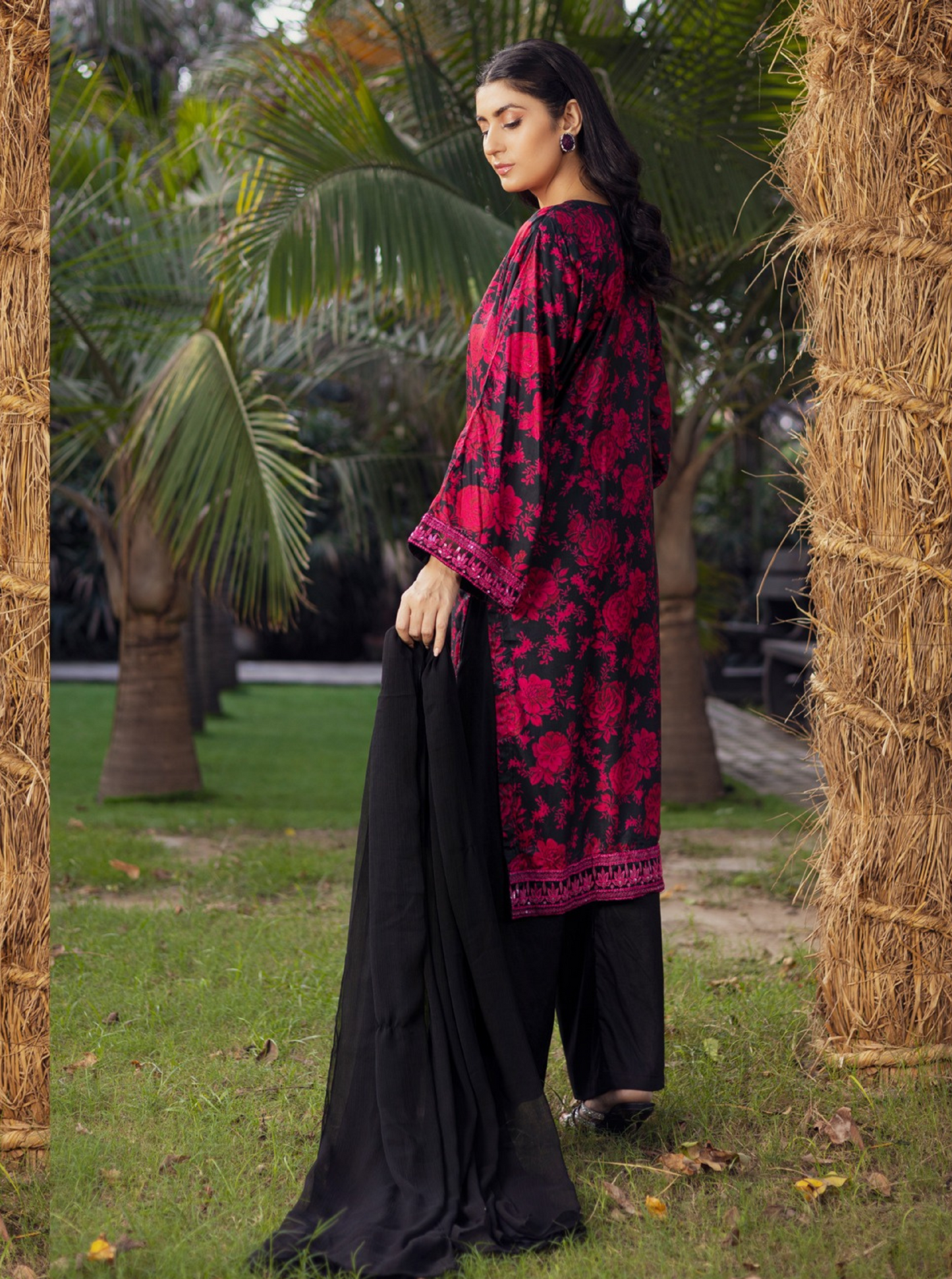 Black & Pink | Printed Linen Shirt & Trouser With Chiffon Dupatta| Ready to Wear 3 Pc dress - Rangz