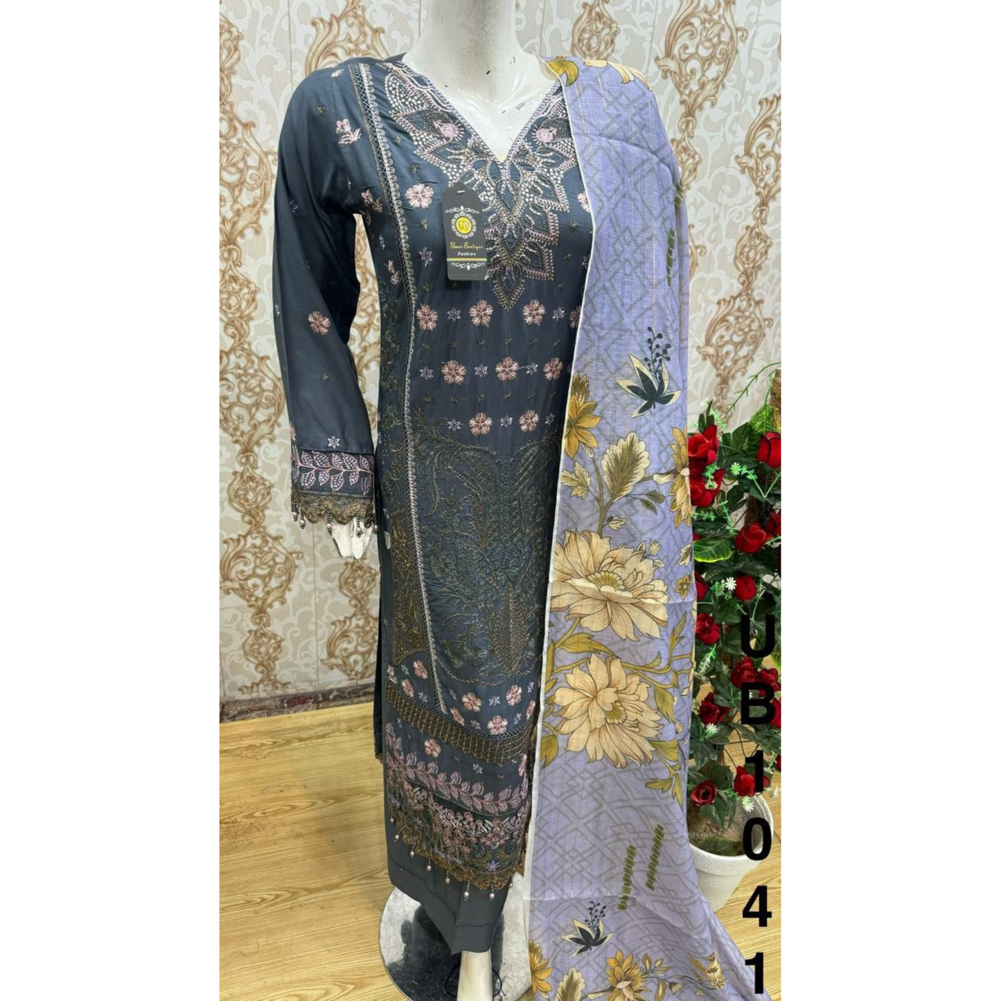 3 Pc Embroidered Linen Dress With Cotton Silk Printed Dupatta By UB
