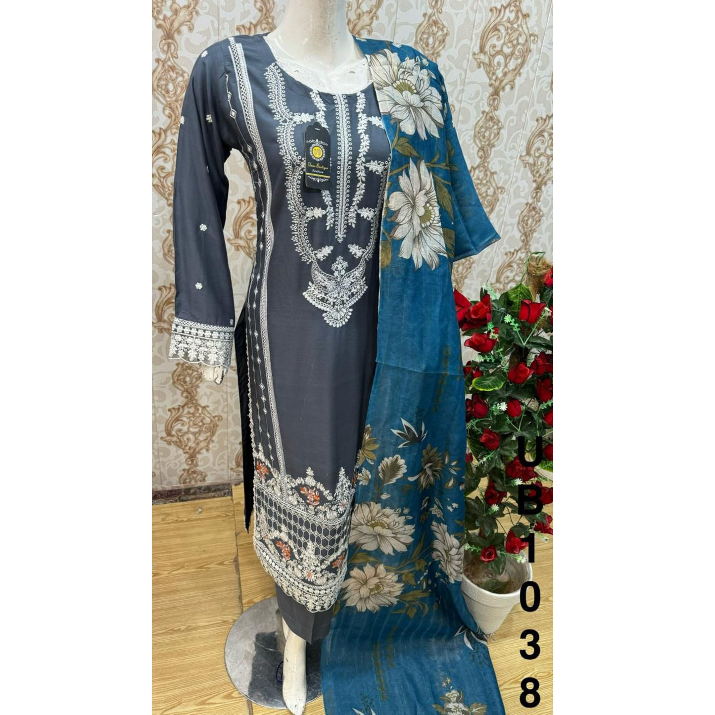 3 Pc Embroidered Linen Dress With Cotton Silk Printed Dupatta By UB