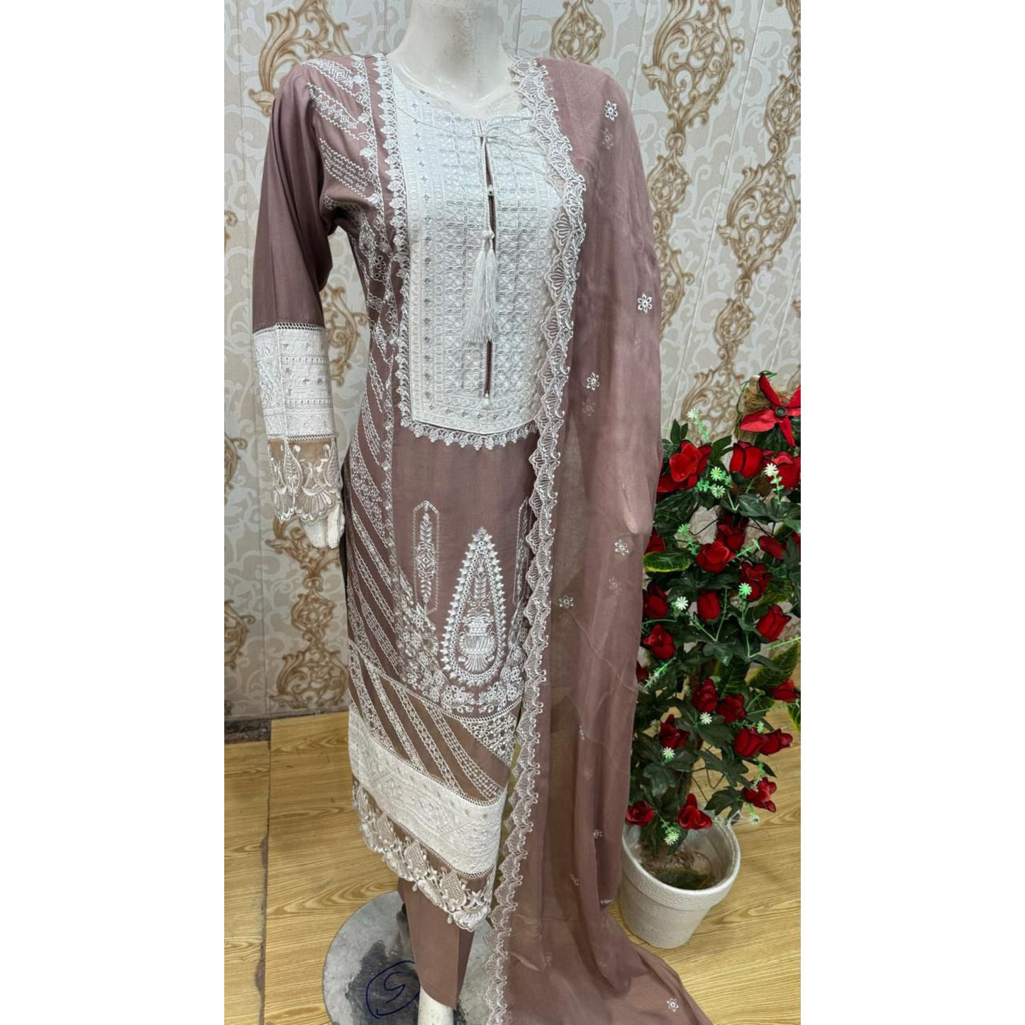 3 Pc Embroidered Linen Dress With Embroidered Chiffon Dupatta By UB