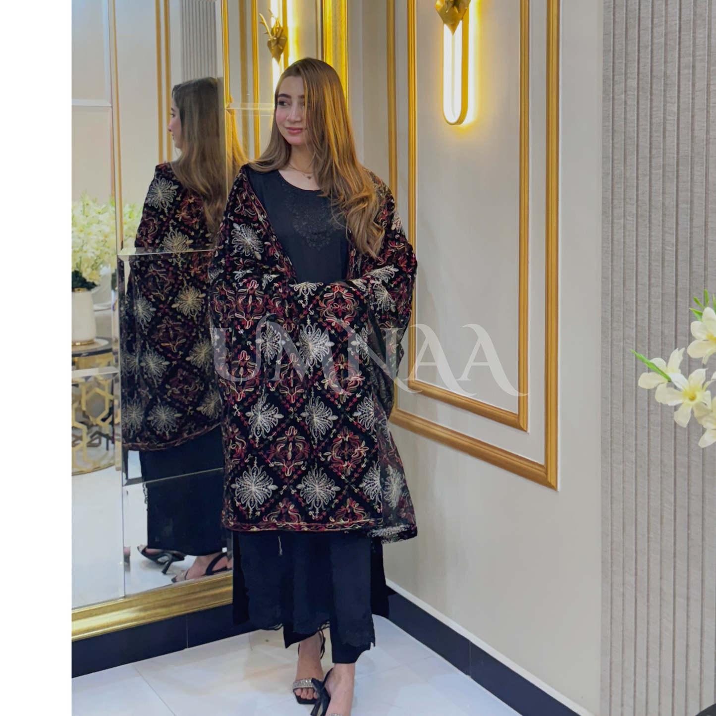 UA-32 Dhanak Dress Embroidered Velvet Shawl 3 Pc | Ready to wear | UMNAA