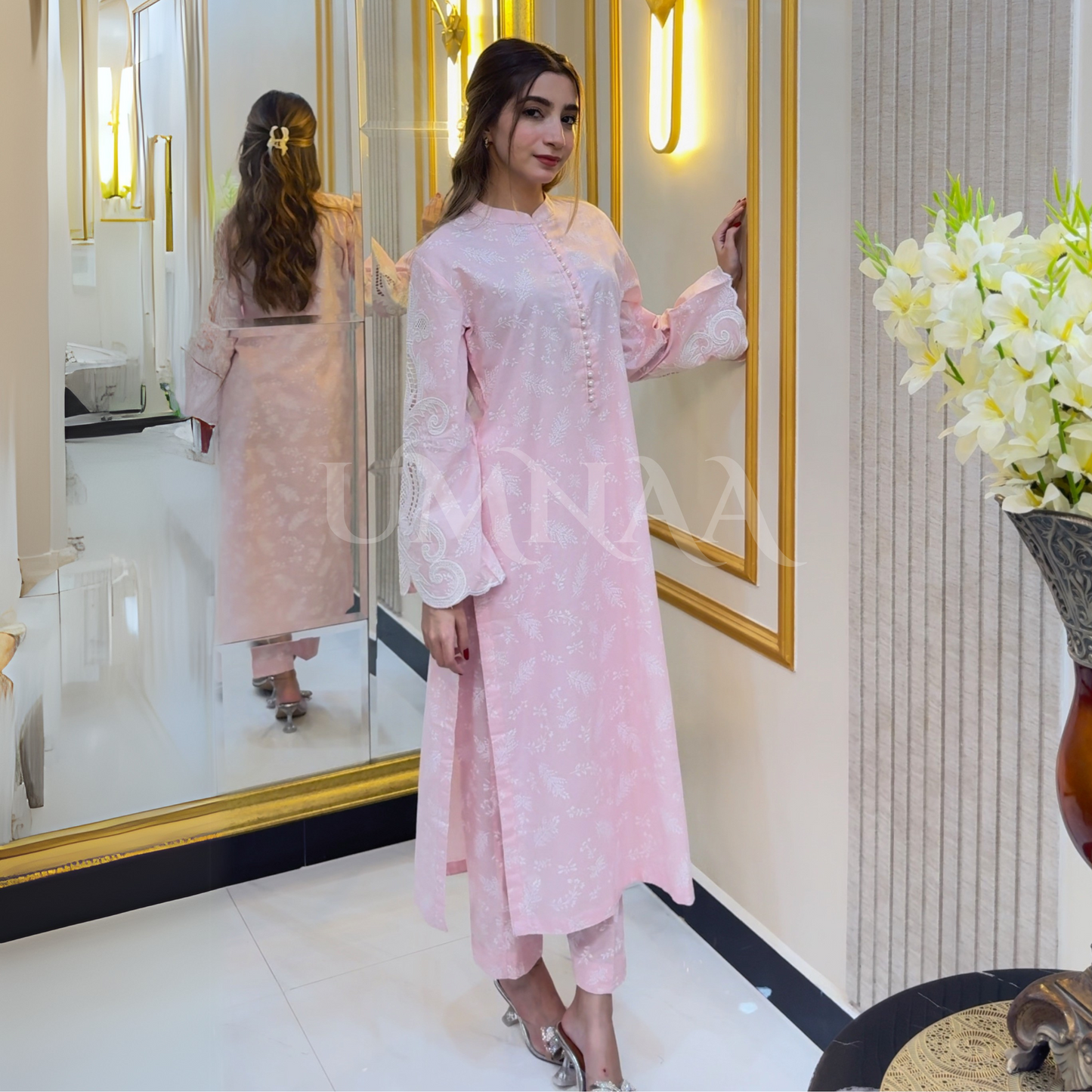 UA-56 (Light Pink) 2 Pc Embroidered Cambric Cotton Pakistani Dress | Ready to Wear | UMNAA