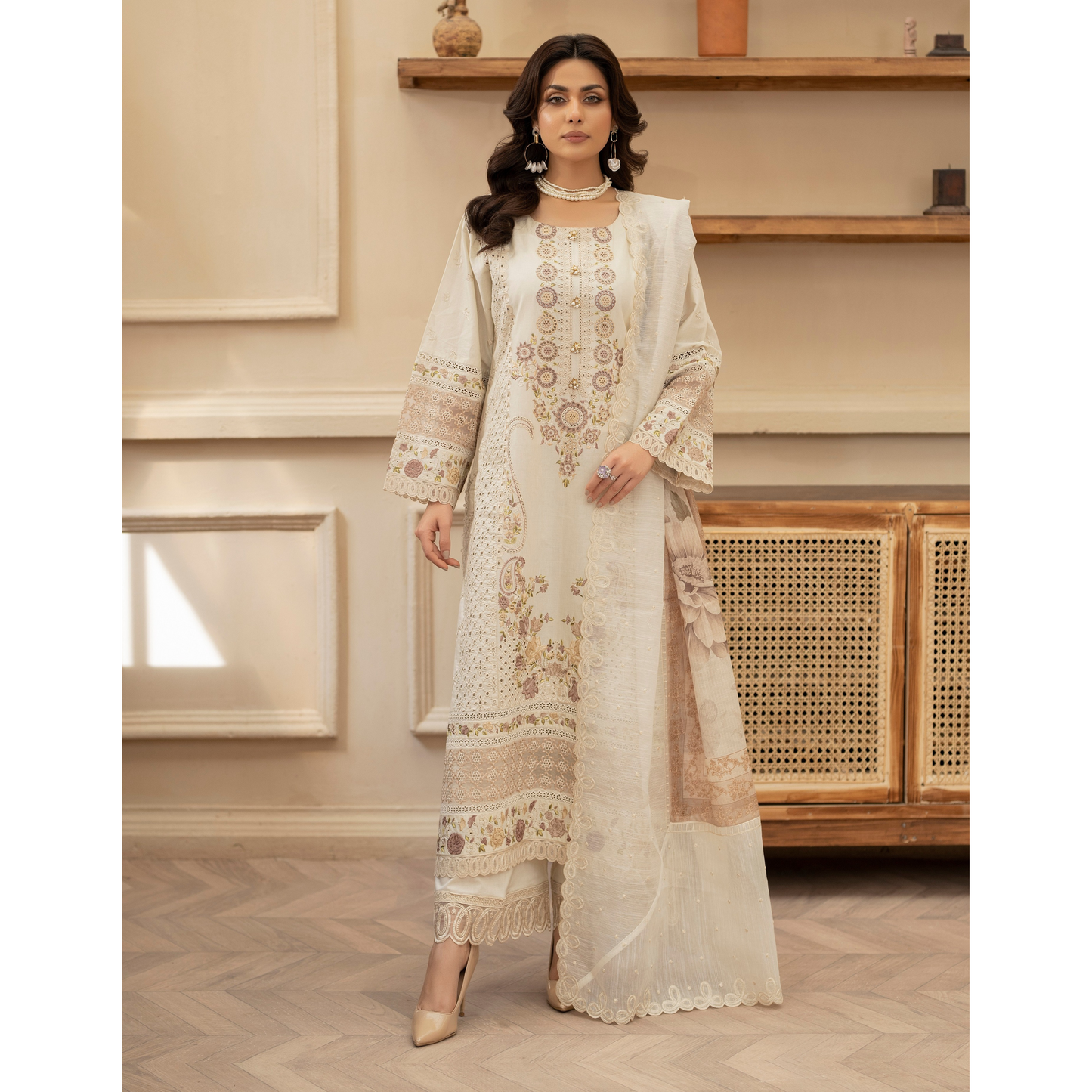 KC-1434 Embroidered Chikenkari Cambric Cotton Dress Ready to Wear 3 Pc - Karma Collection
