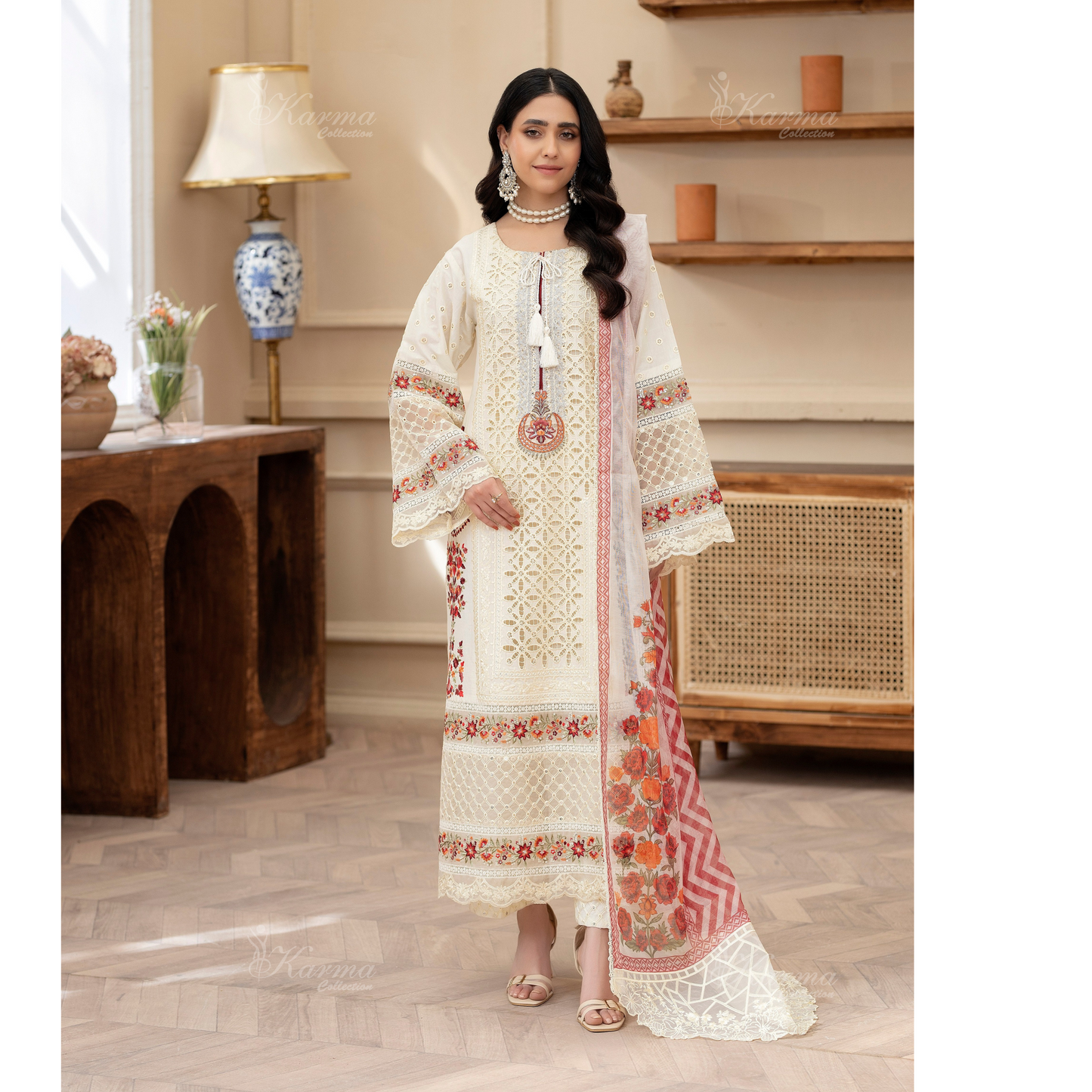 KC-1431 Embroidered Cambric Cotton Dress Ready to Wear 3 Pc - Karma Collection