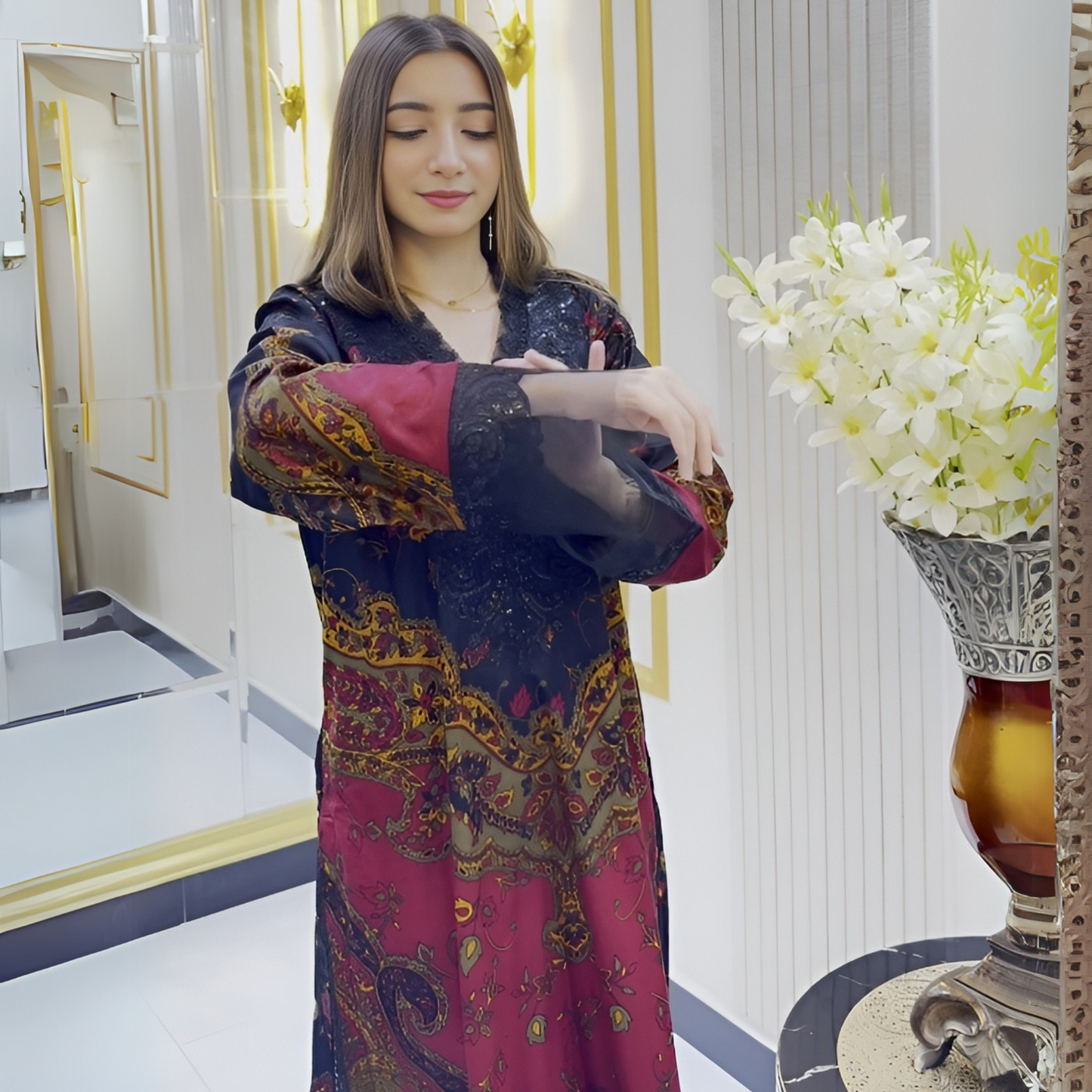 UA-66 (BLACK) Embroidered Cambric Cotton 3 Pc Pakistani Dress | UMNAA