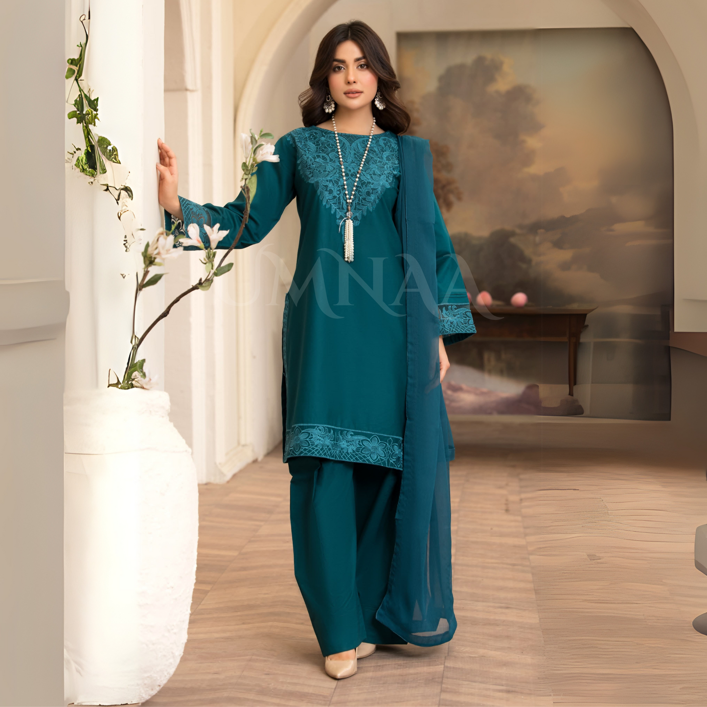 UA-85 (Zinc) Embroidered Cambric Cotton Farshi Shalwar Ready to wear Dress | Umnaa