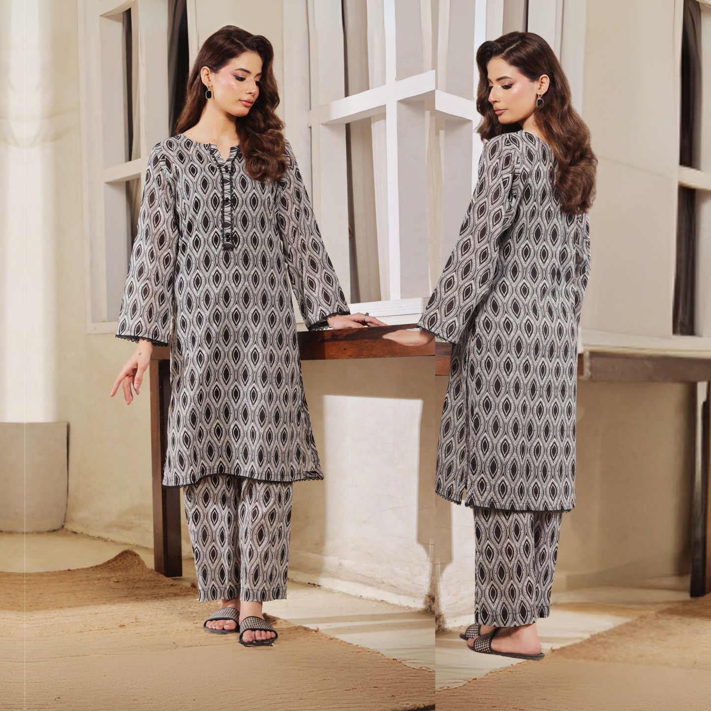 2 Pc Printed Lawn Monochrome Co-Ords Dress - Saphron