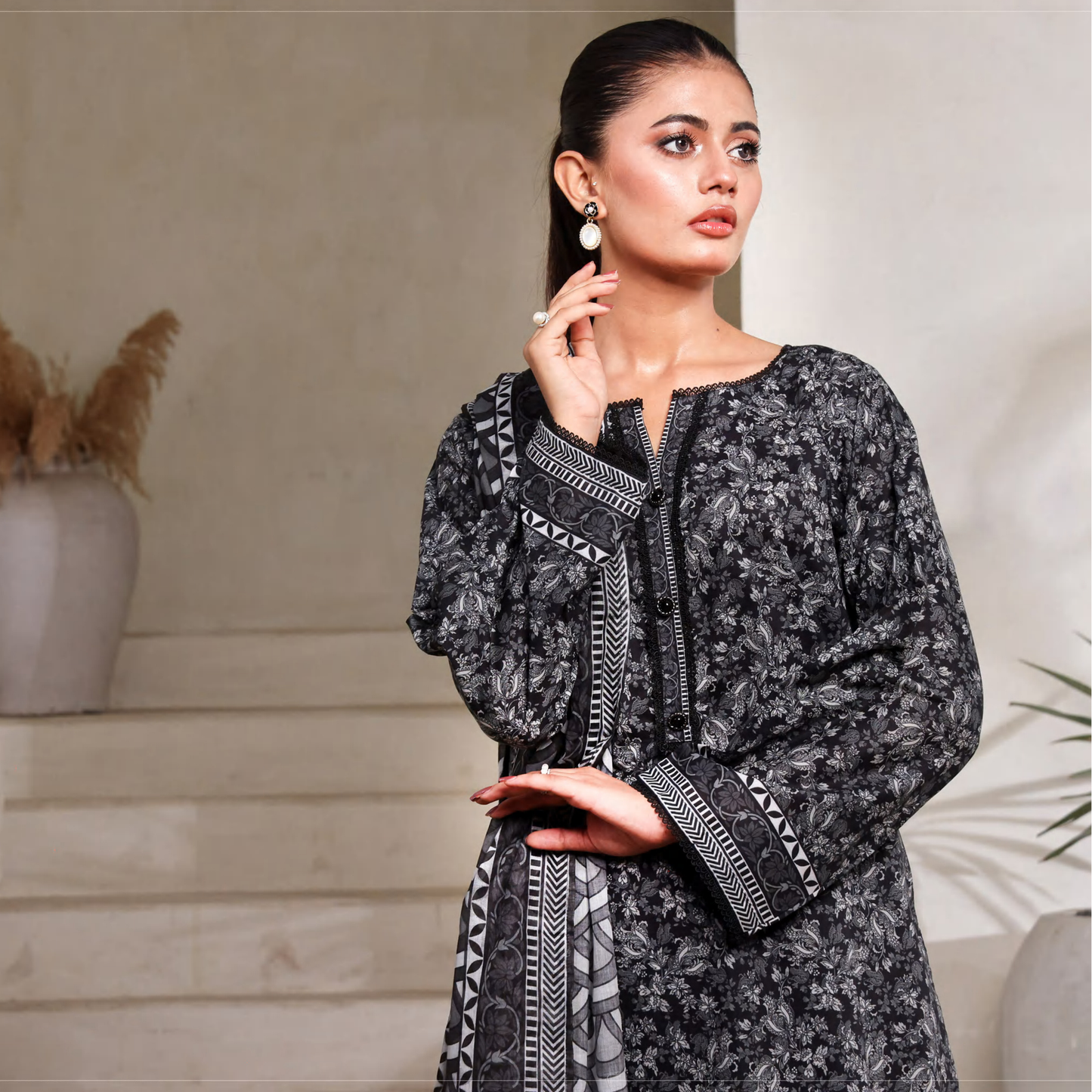 3 Pc Printed Lawn Monochrome Collection - Saphron