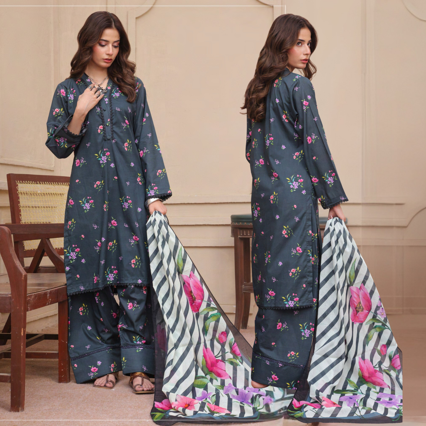 USN-14 Printed Lawn 3 Pc Dress | Ready to Wear | Saphron