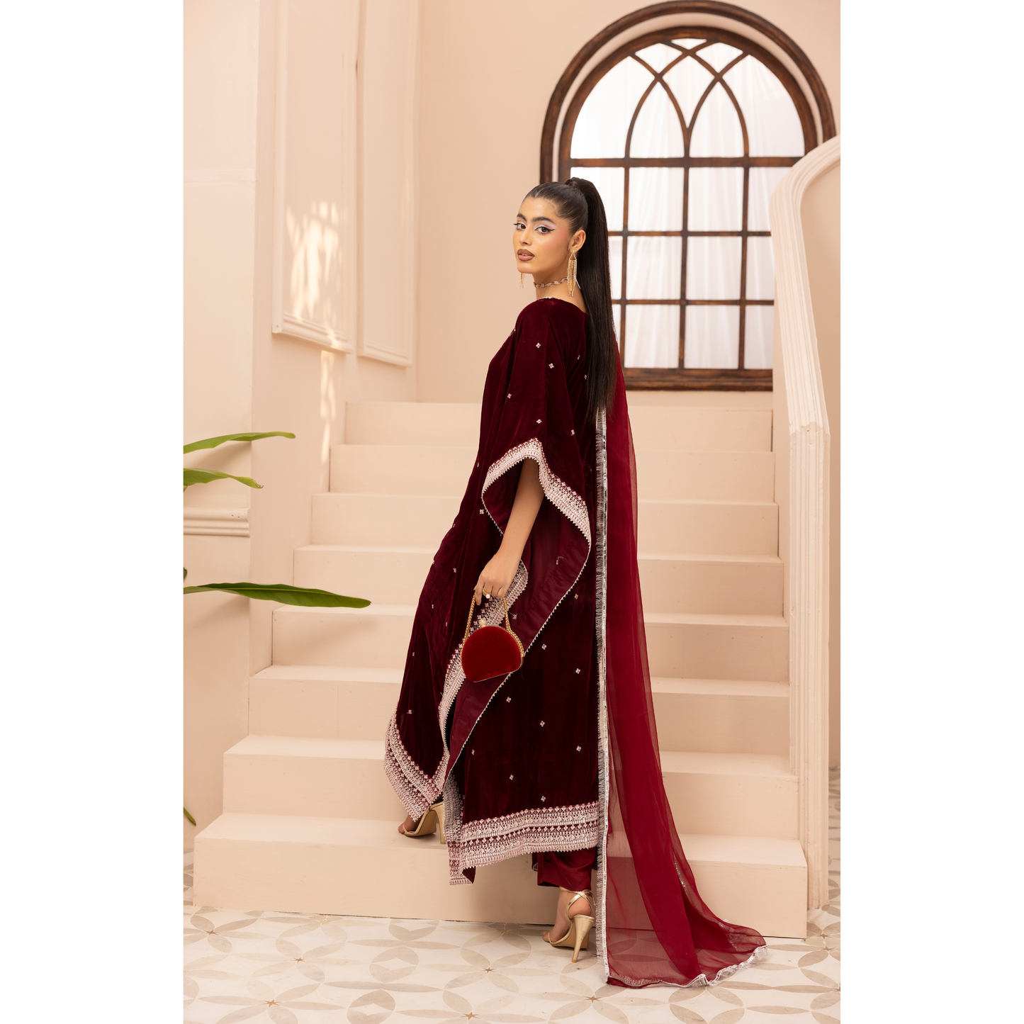 UMS-39 Zayna by Simrans Velvet Kaftan Embroidered 3 Pc Collection Asian Clothes | Modest Wear