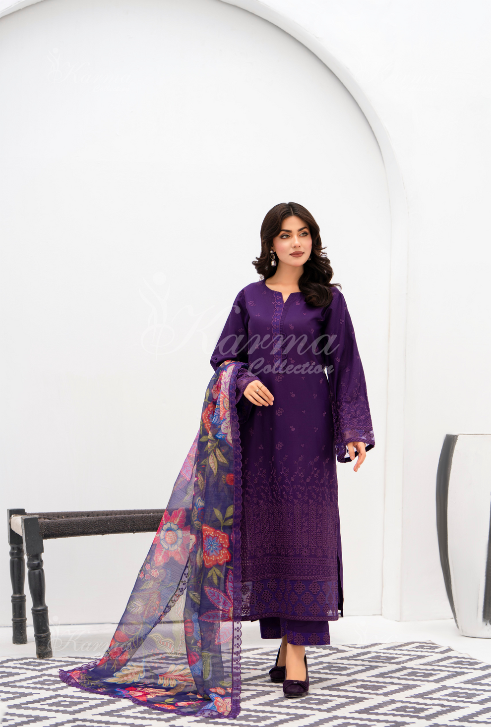 KC- 1391 | Plum | 3 Pc | Chikenkari Cotton Lawn | Karma Collection